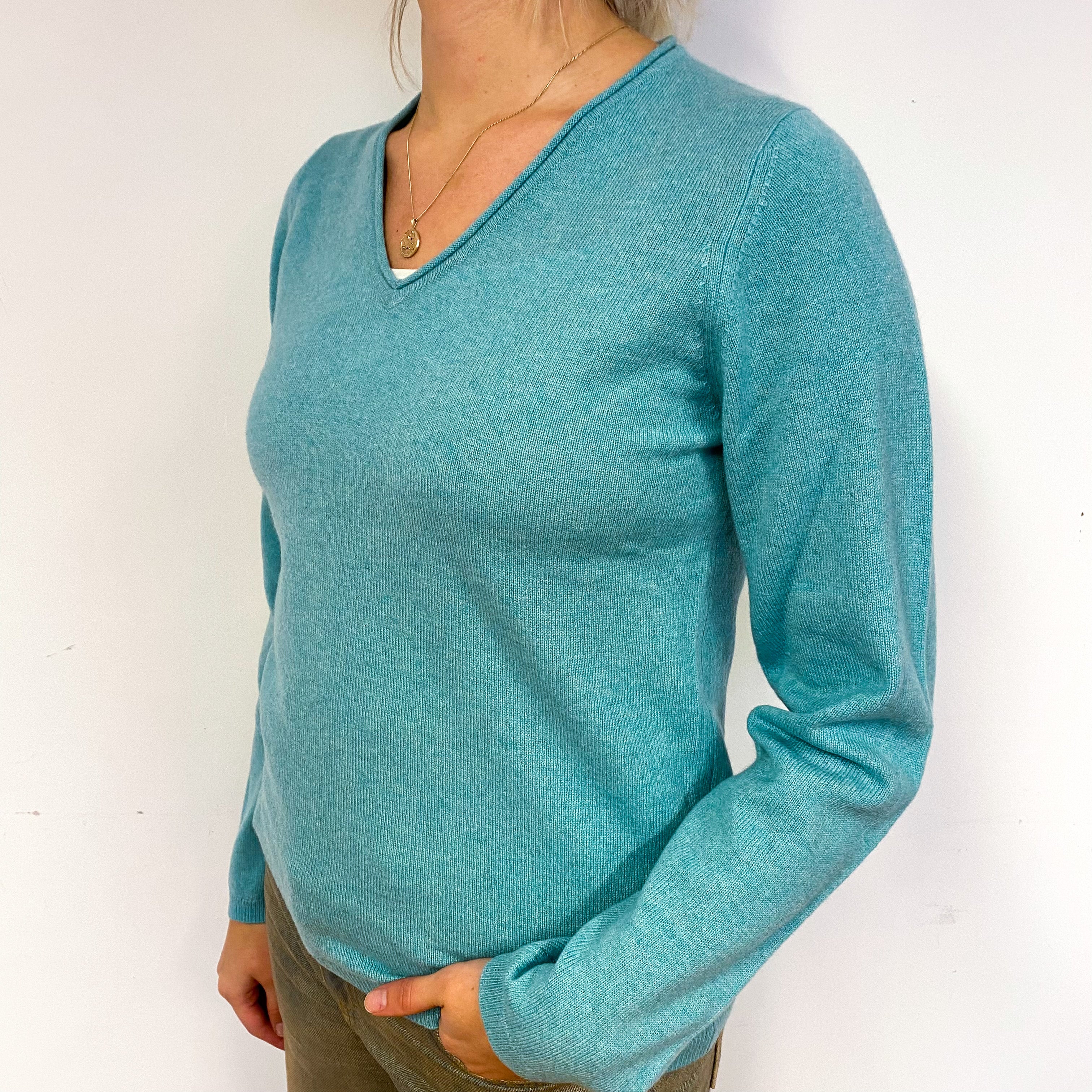 New Aqua Green Cashmere V-Neck Jumper Small