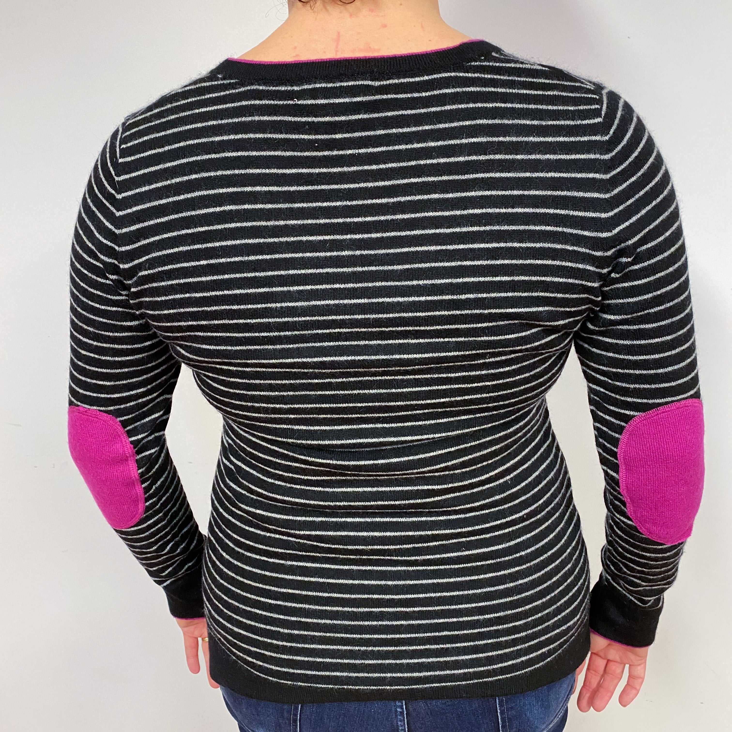 Black Grey Stripe Cashmere V-Neck Cardigan Large