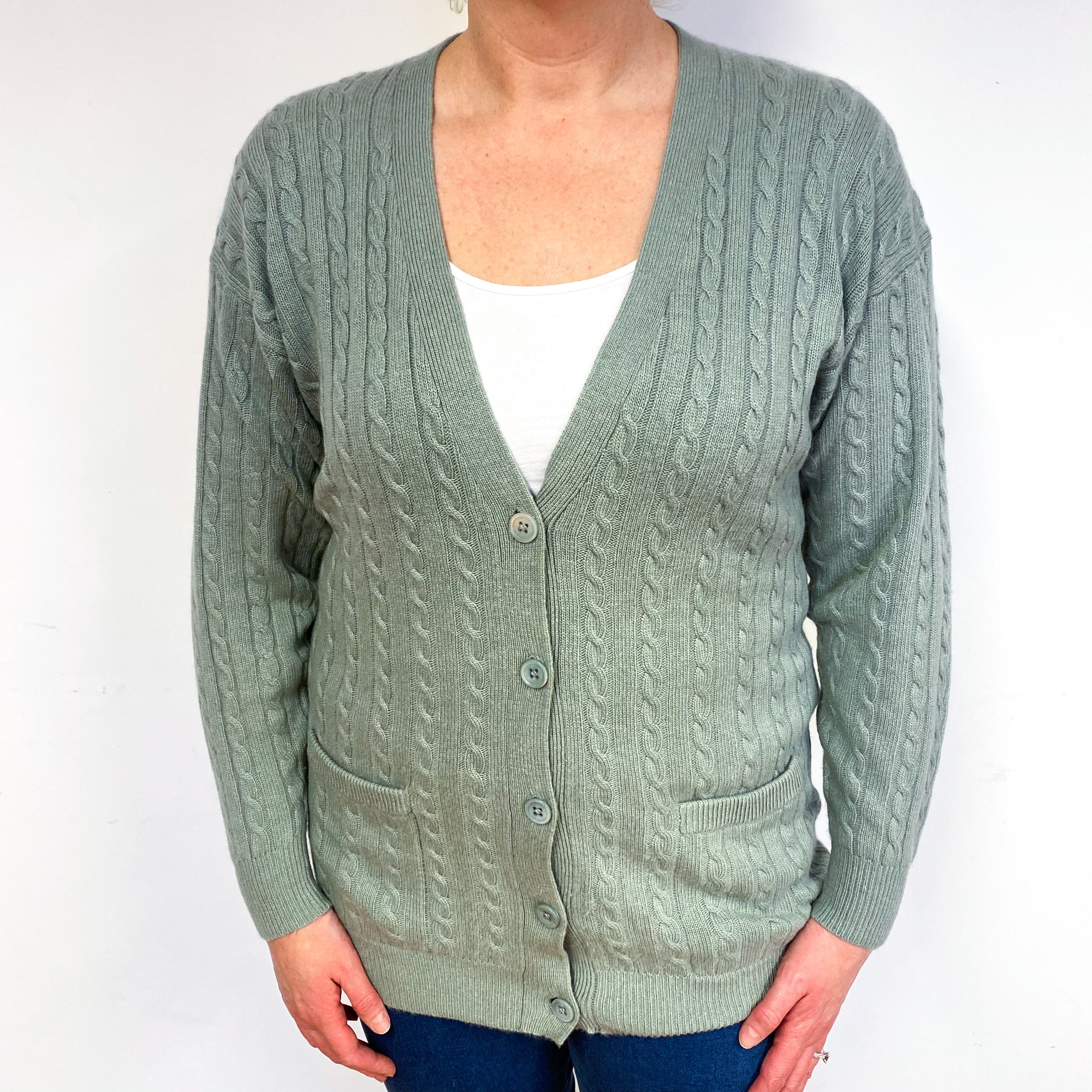 Muted Green Cable Cashmere V-Neck Cardigan Large
