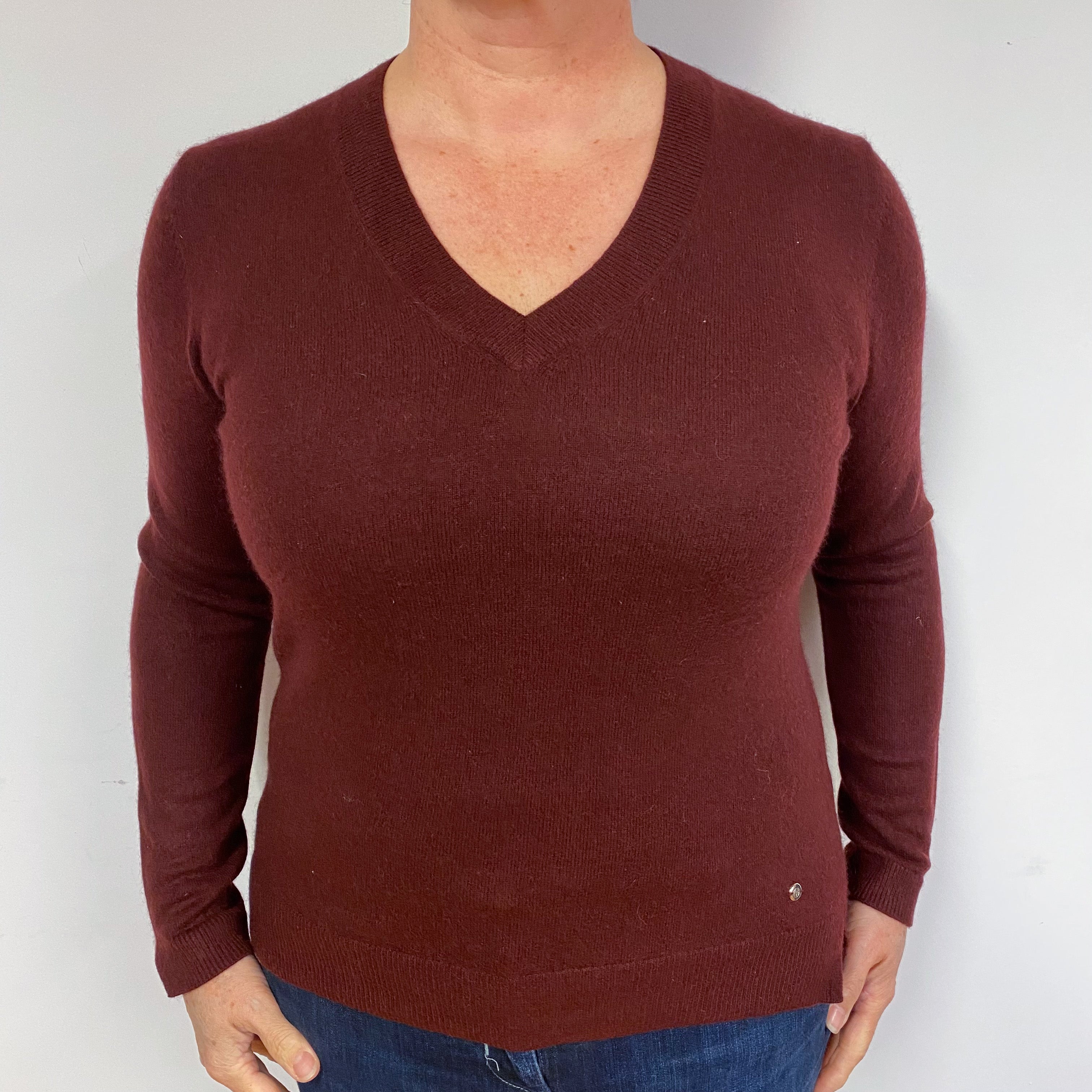 Claret Red Cashmere V-Neck Jumper Large