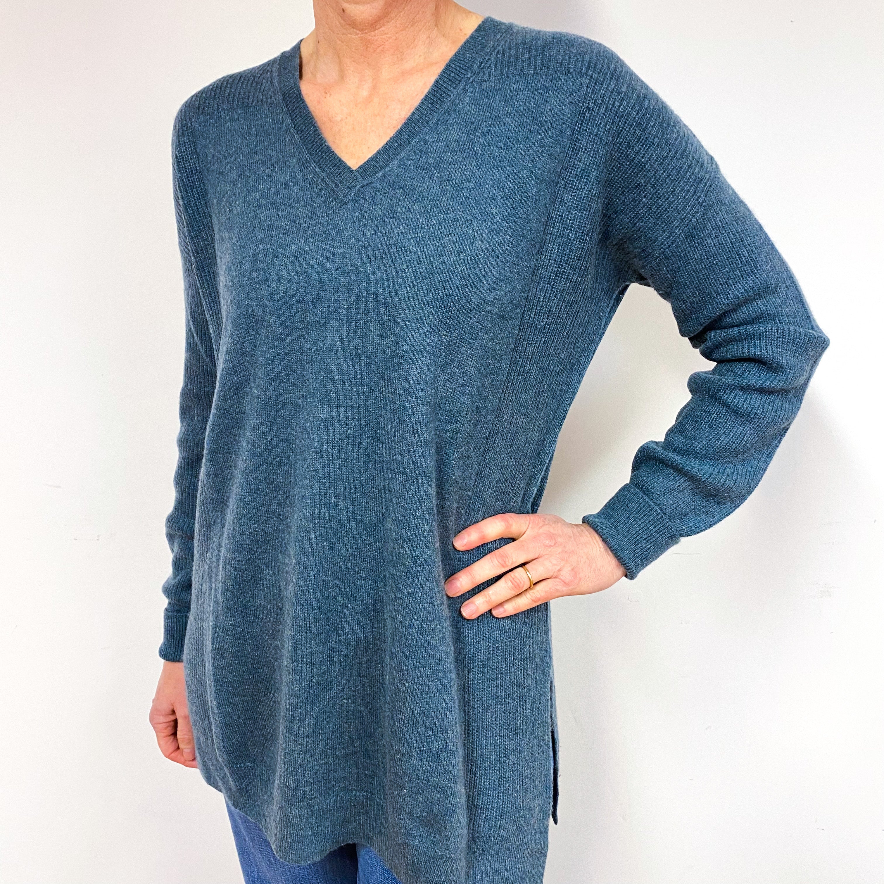 Spruce Green Slouchy Longline Cashmere V-Neck Jumper Medium