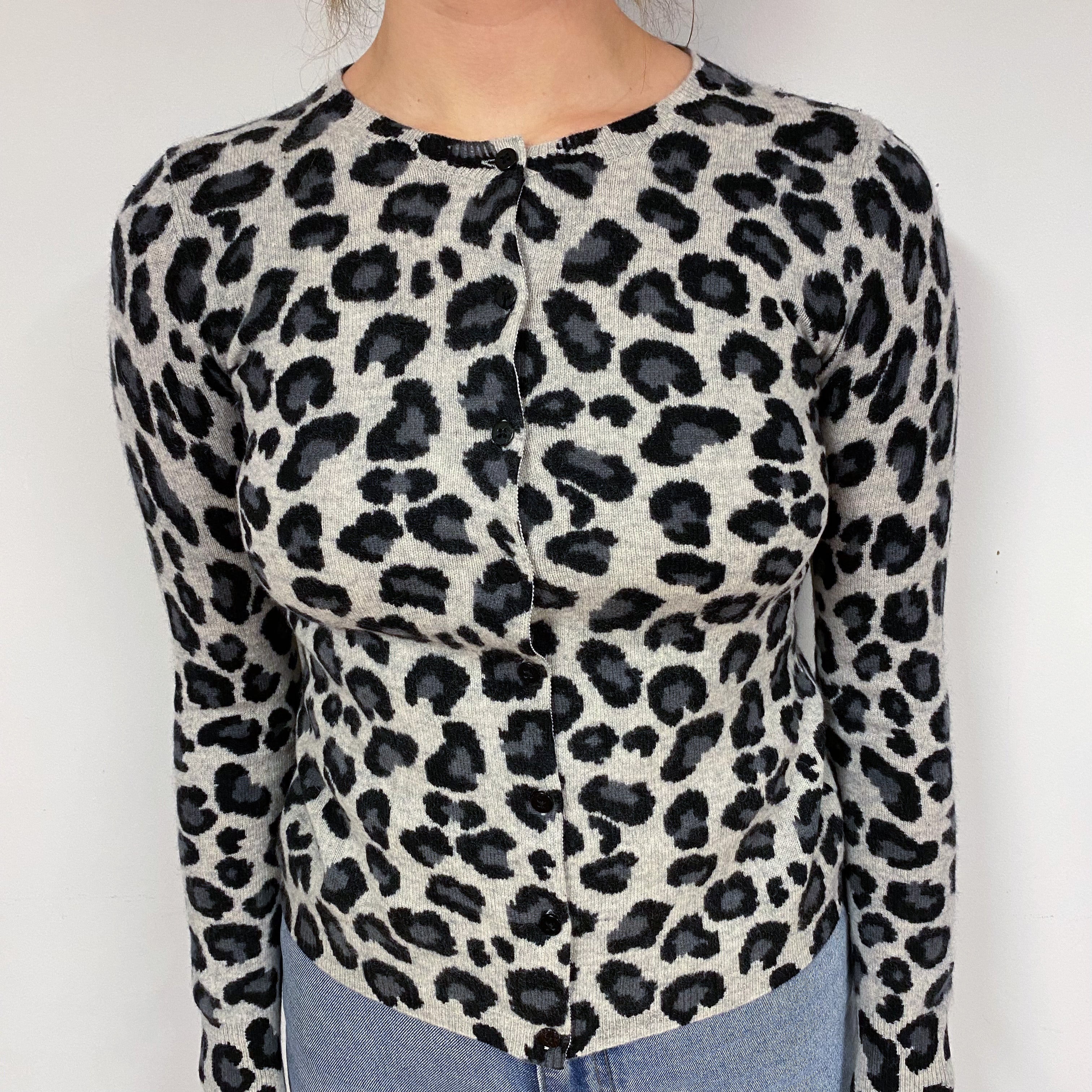Grey Leopard Print Cashmere Crew Neck Cardigan Small
