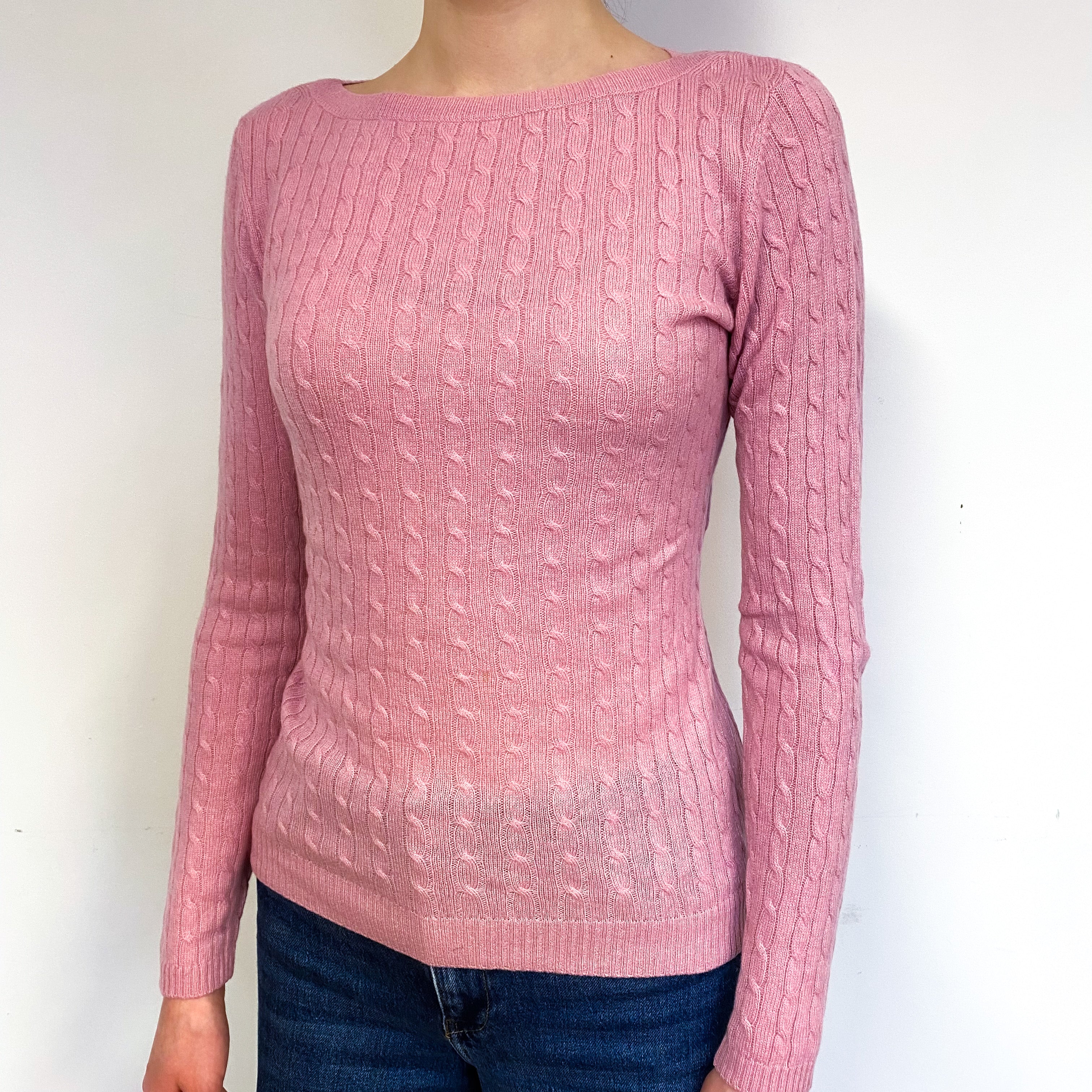 Fox Glove Pink Cable Cashmere Crew Neck Jumper Extra Small