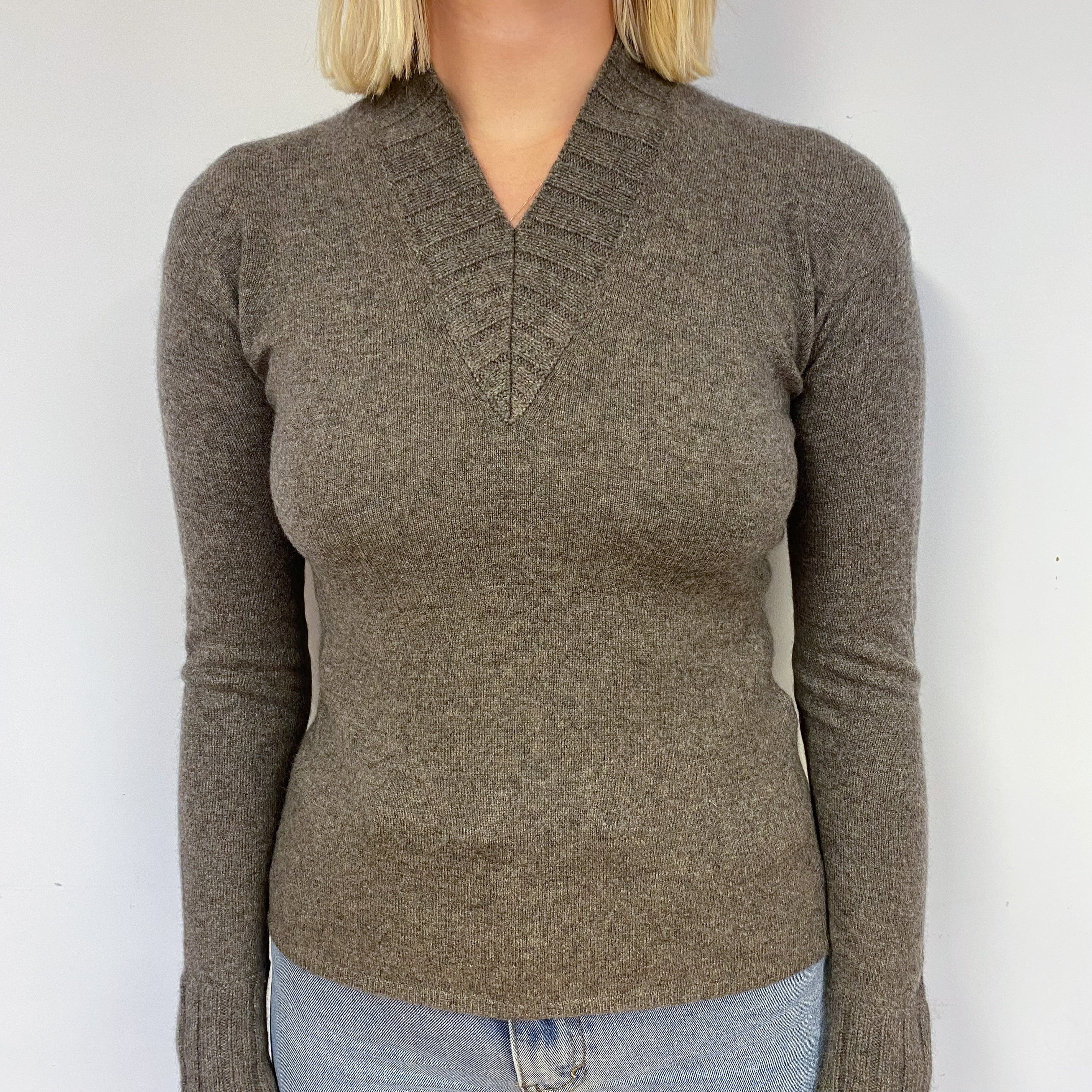 Mocha Brown Cashmere V-Neck Jumper Small