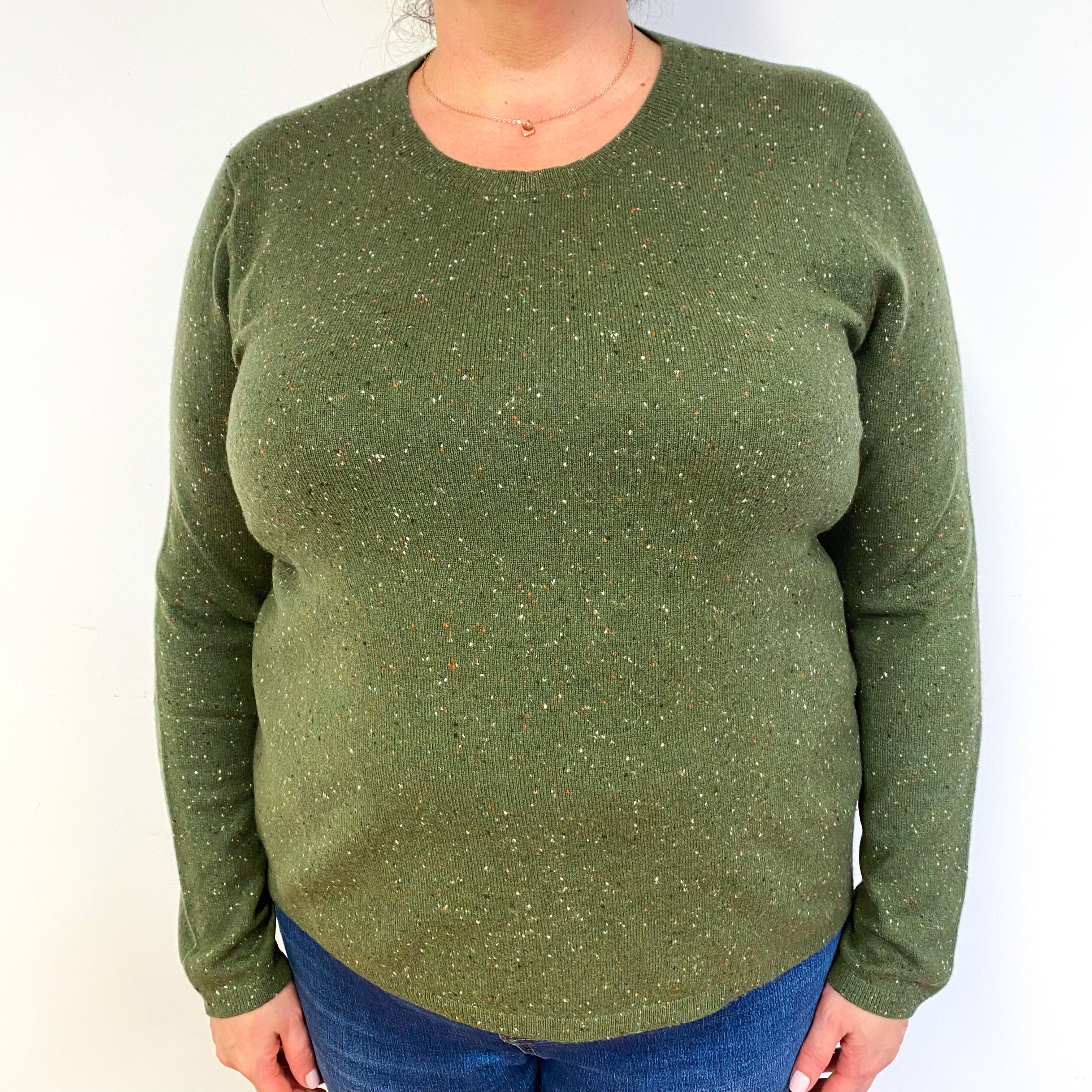 Olive Green Flecked Cashmere Crew Neck Jumper Extra Large
