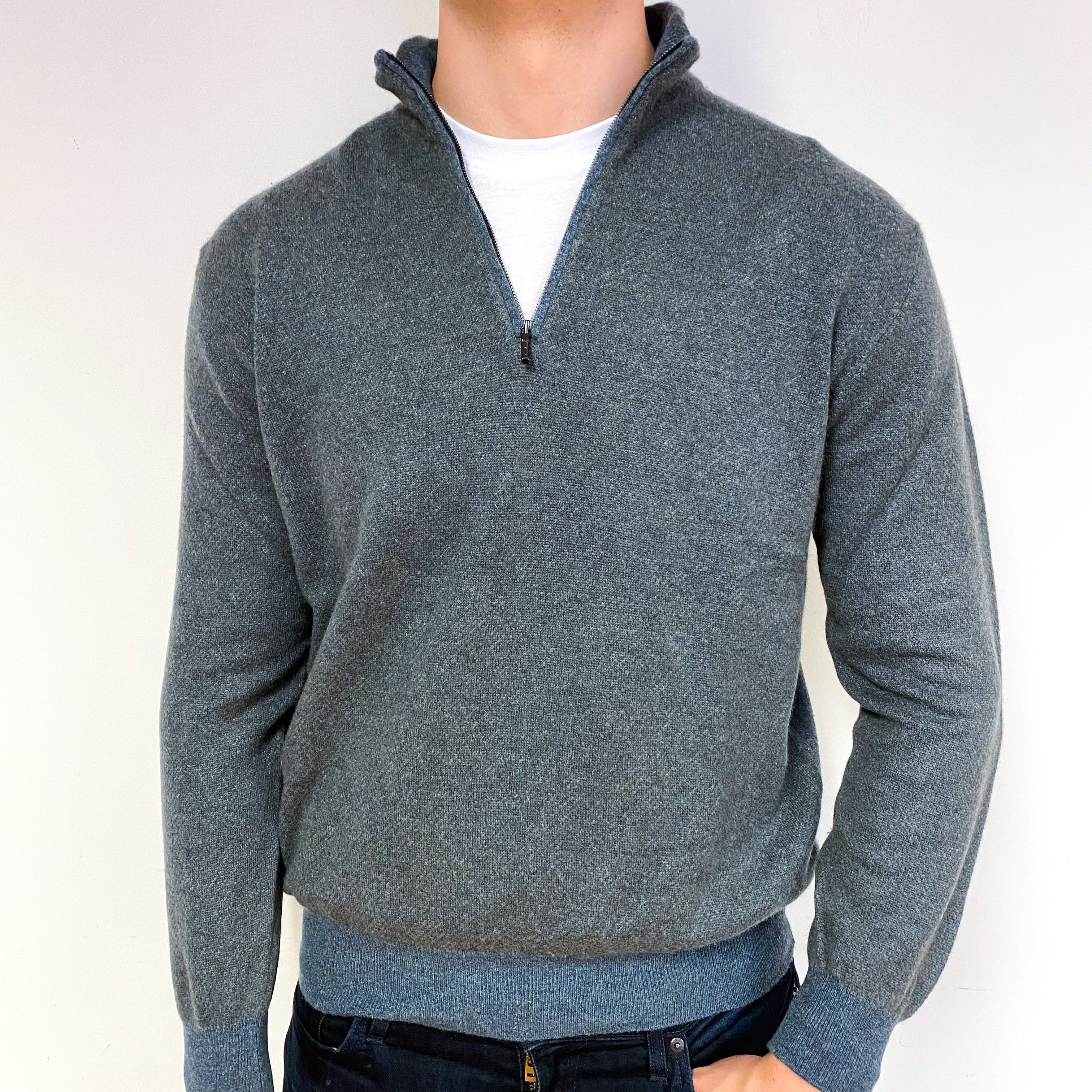 Men's Loro Piana Blue Two Tone Cashmere 1/4 Zip Jumper Extra Large