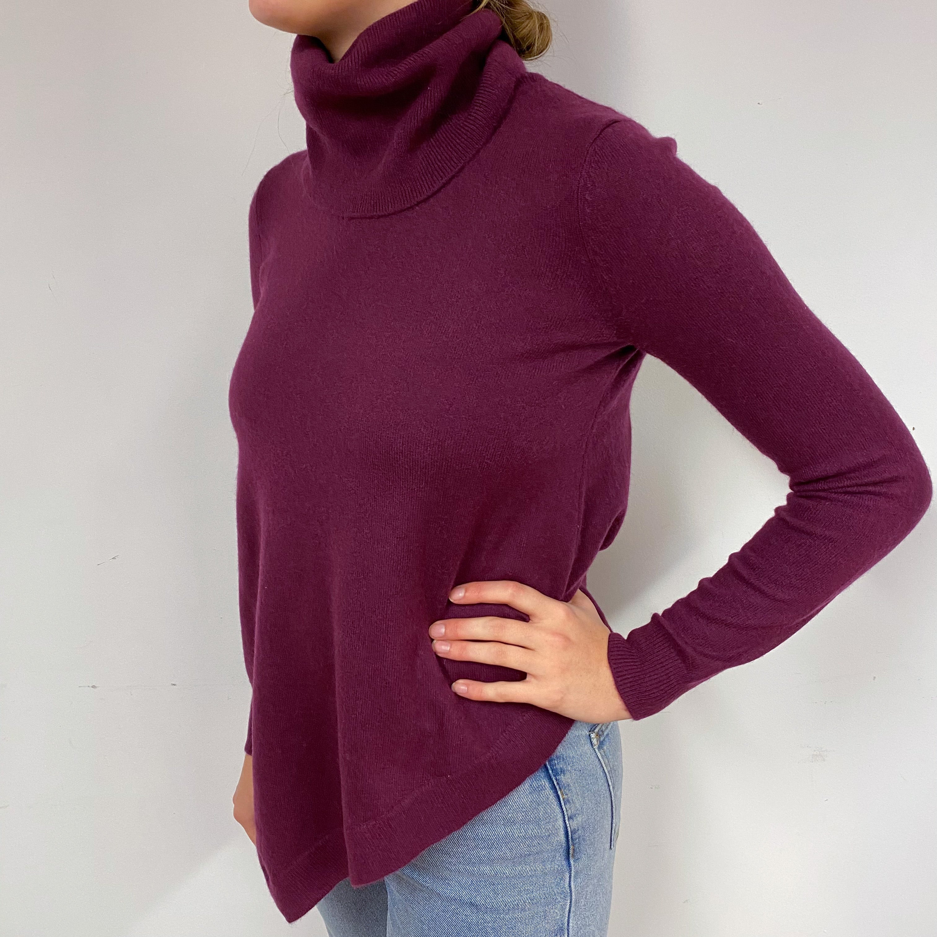 Loganberry Purple Asymmetric Cashmere Polo Neck Jumper Small