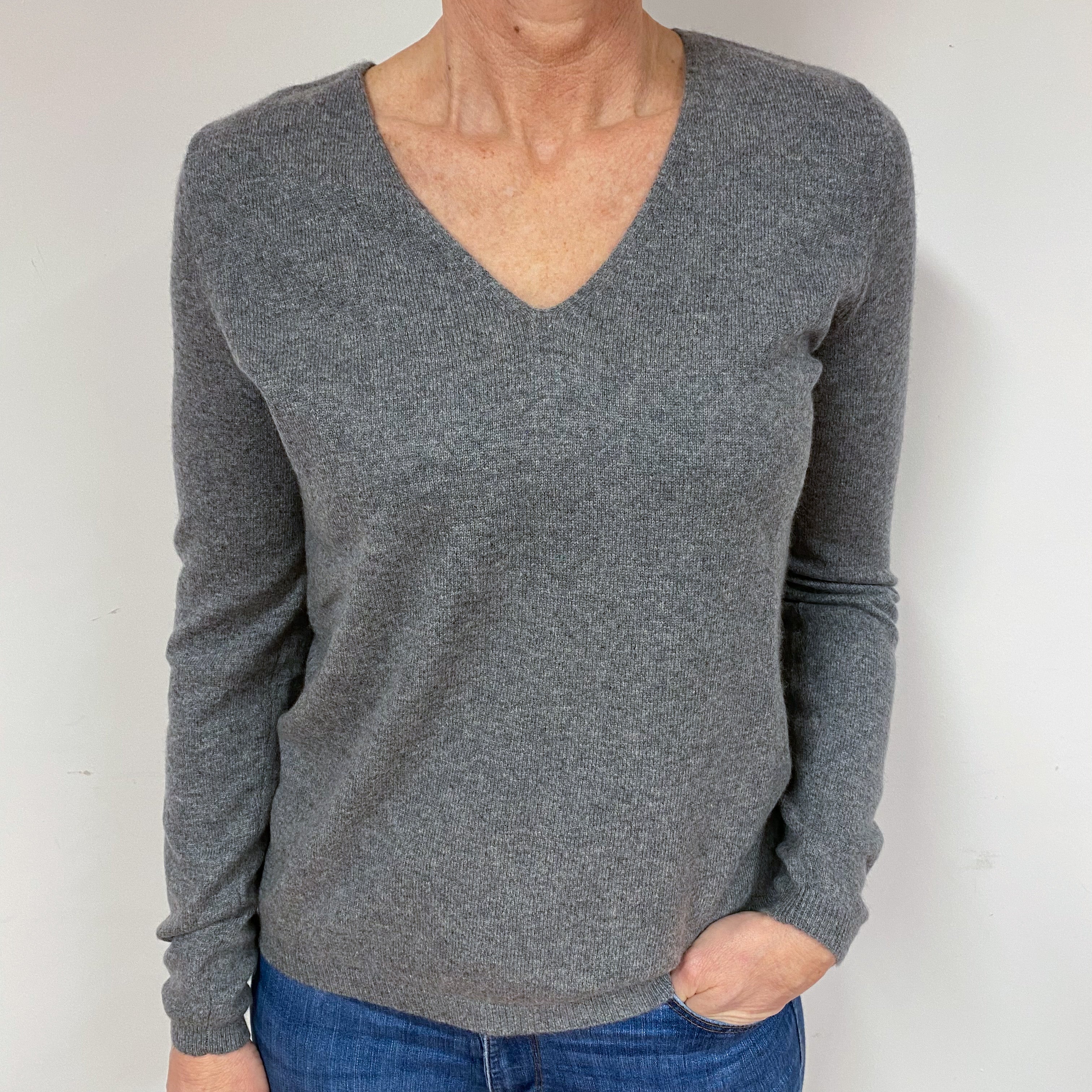 Steel Grey Cashmere V-Neck Jumper Medium