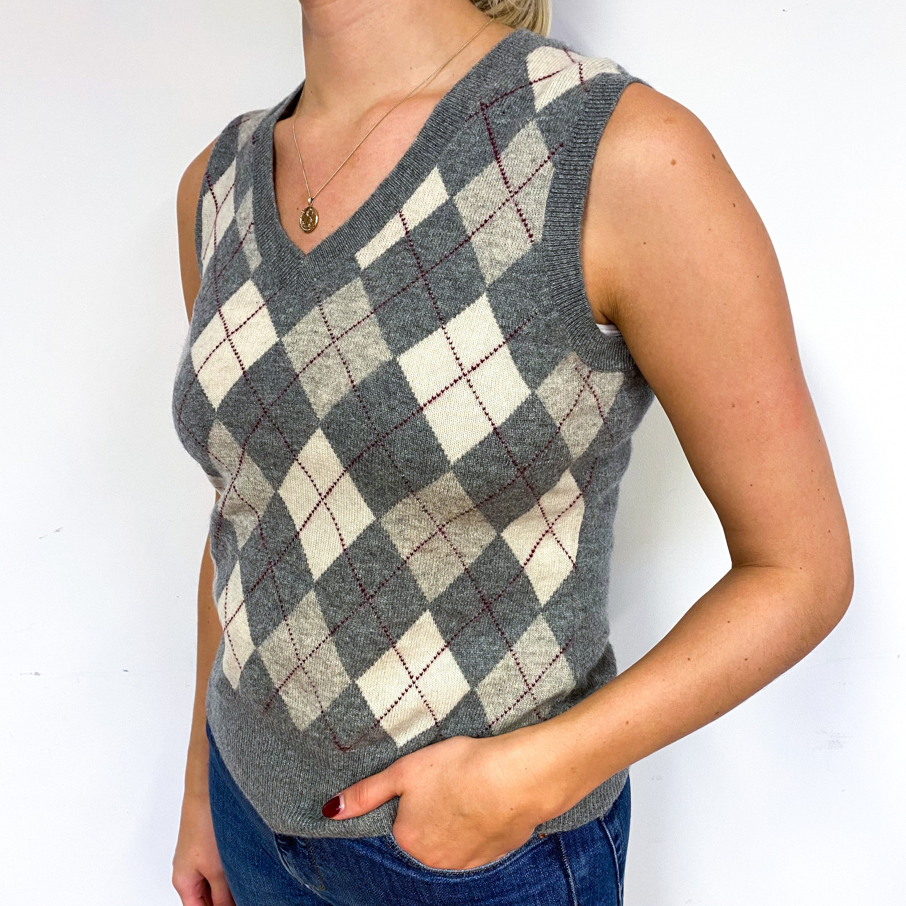 Grey Argyle Cashmere V-Neck Tank Top Small