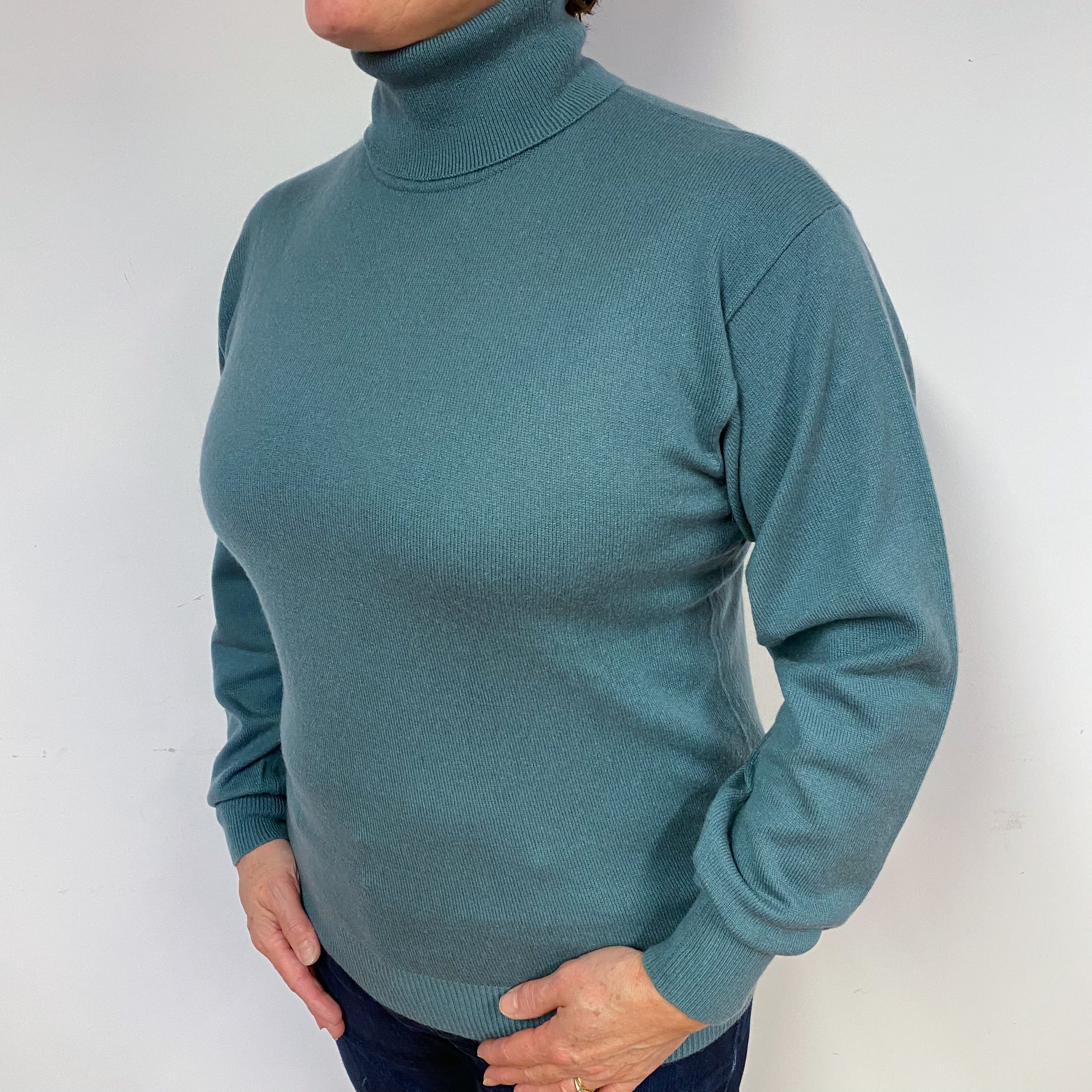 Sea Green Cashmere Polo Neck Jumper Large
