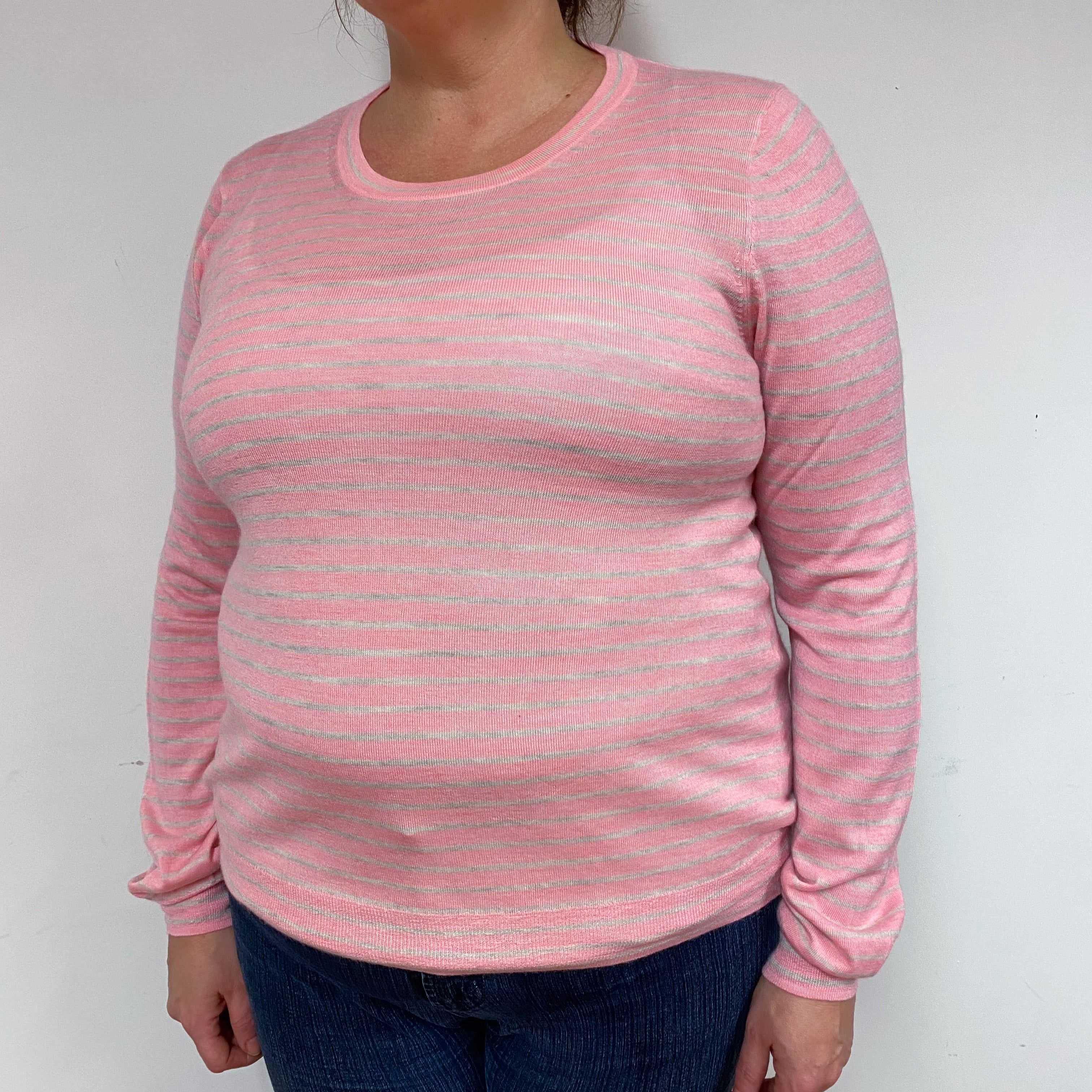 Pink Stripe Fine Knit Cashmere Crew Neck Jumper Extra Large