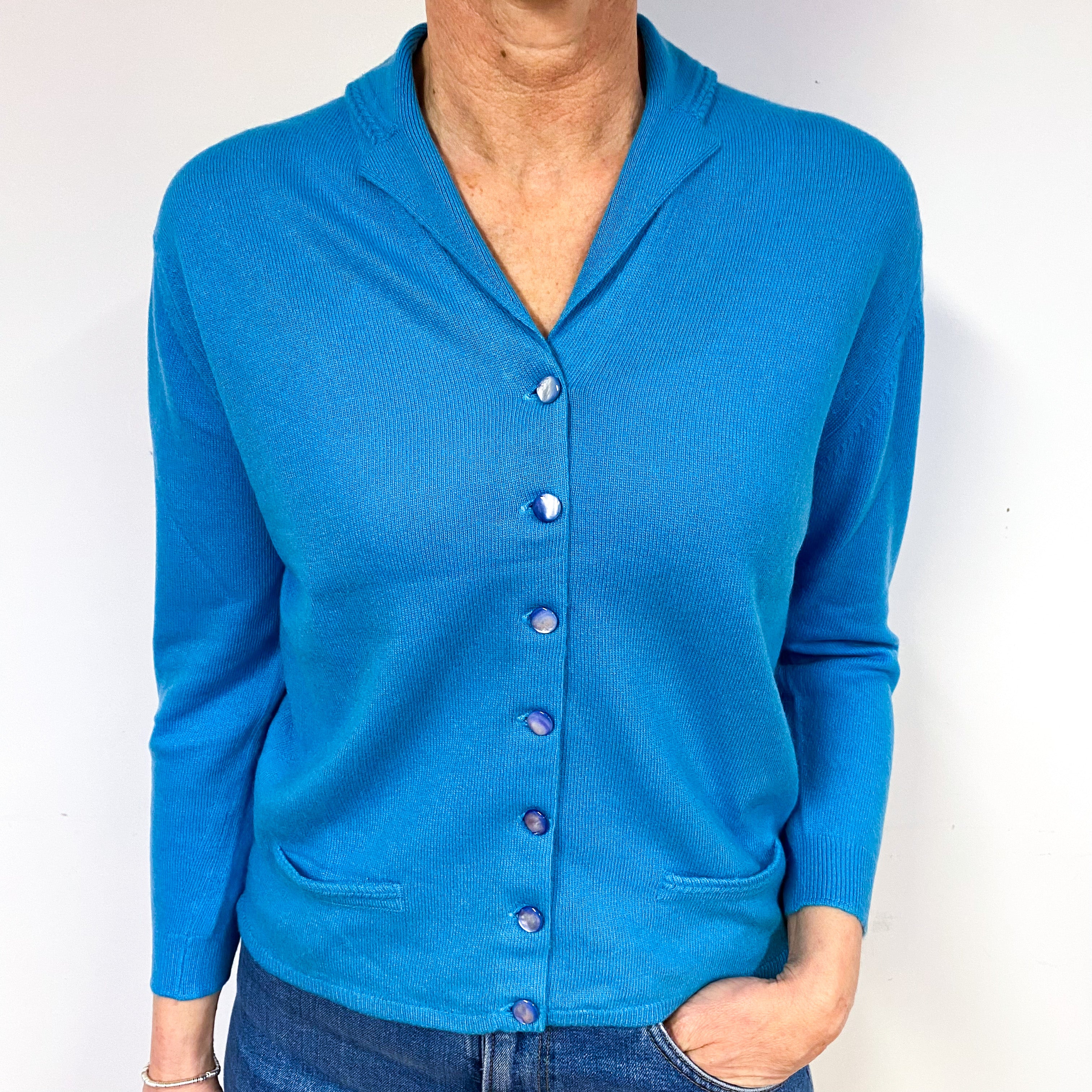 Vintage Pringle Ocean Blue Cashmere Collared Cardigan Medium