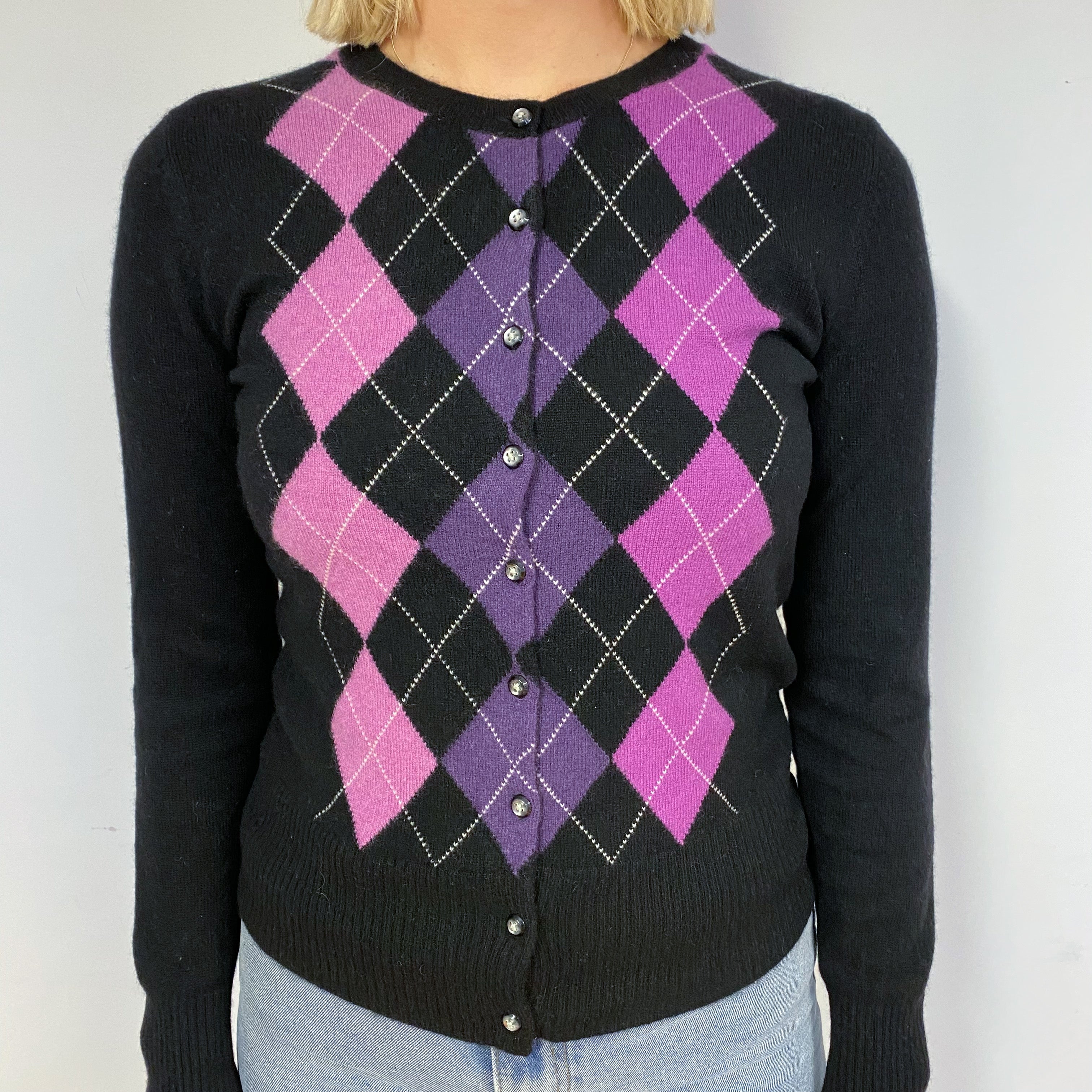 Black Argyle Cashmere Cardigan Small