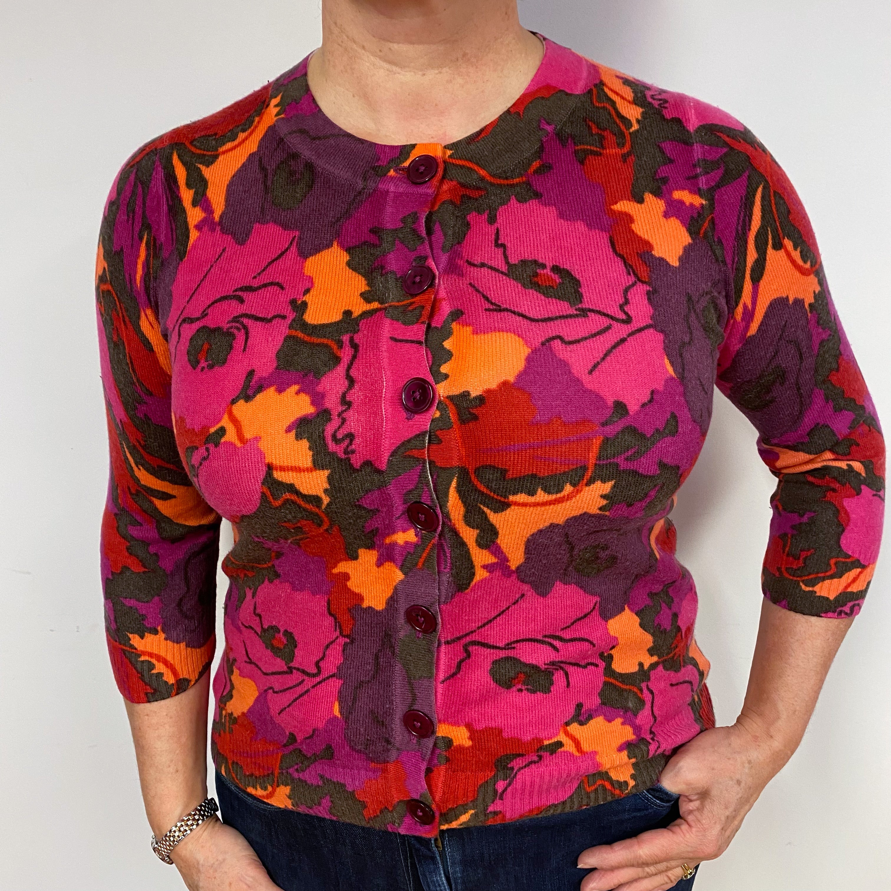 Pink Purple Floral Cashmere Crew Neck Cardigan Large
