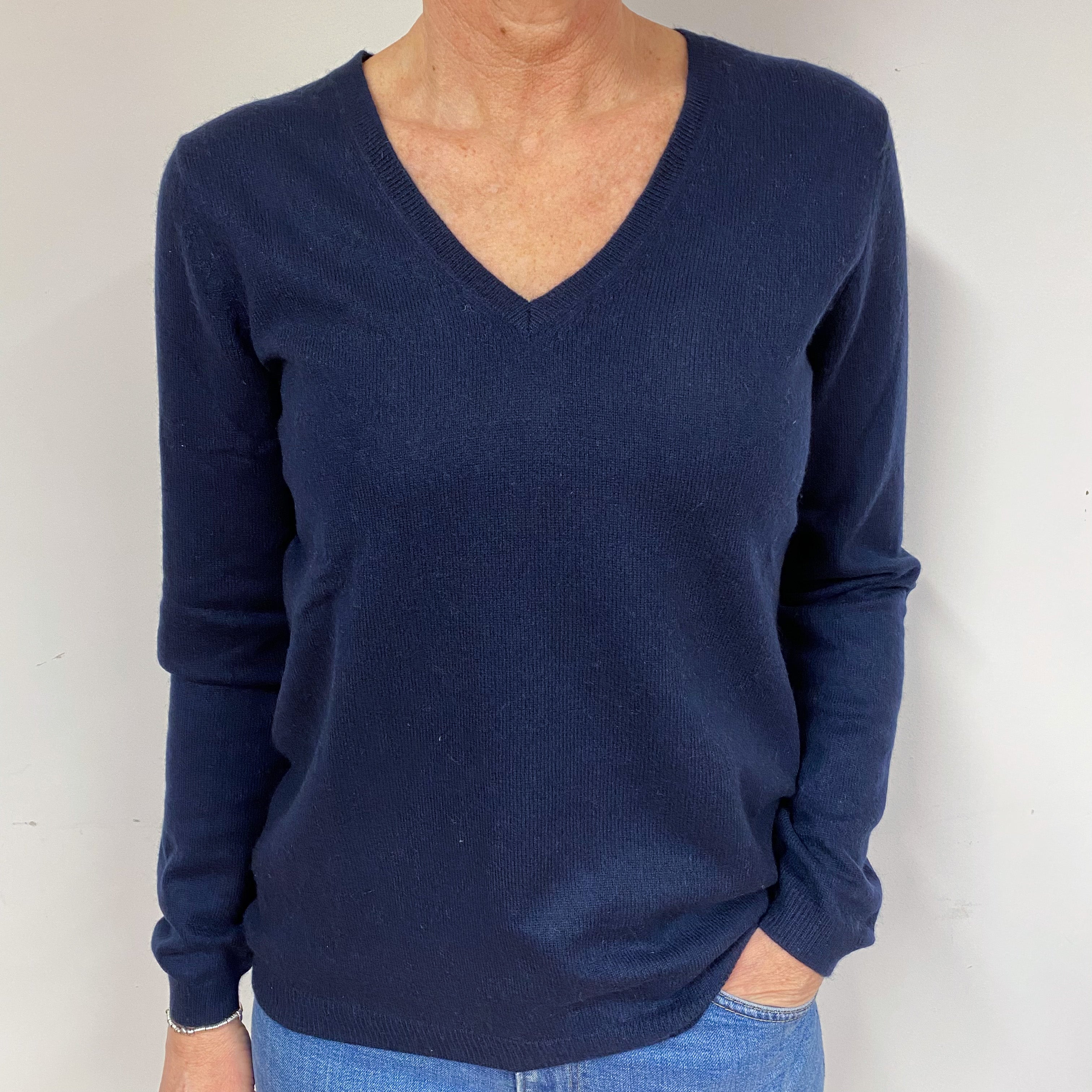 Navy Blue Cashmere V-Neck Jumper Medium
