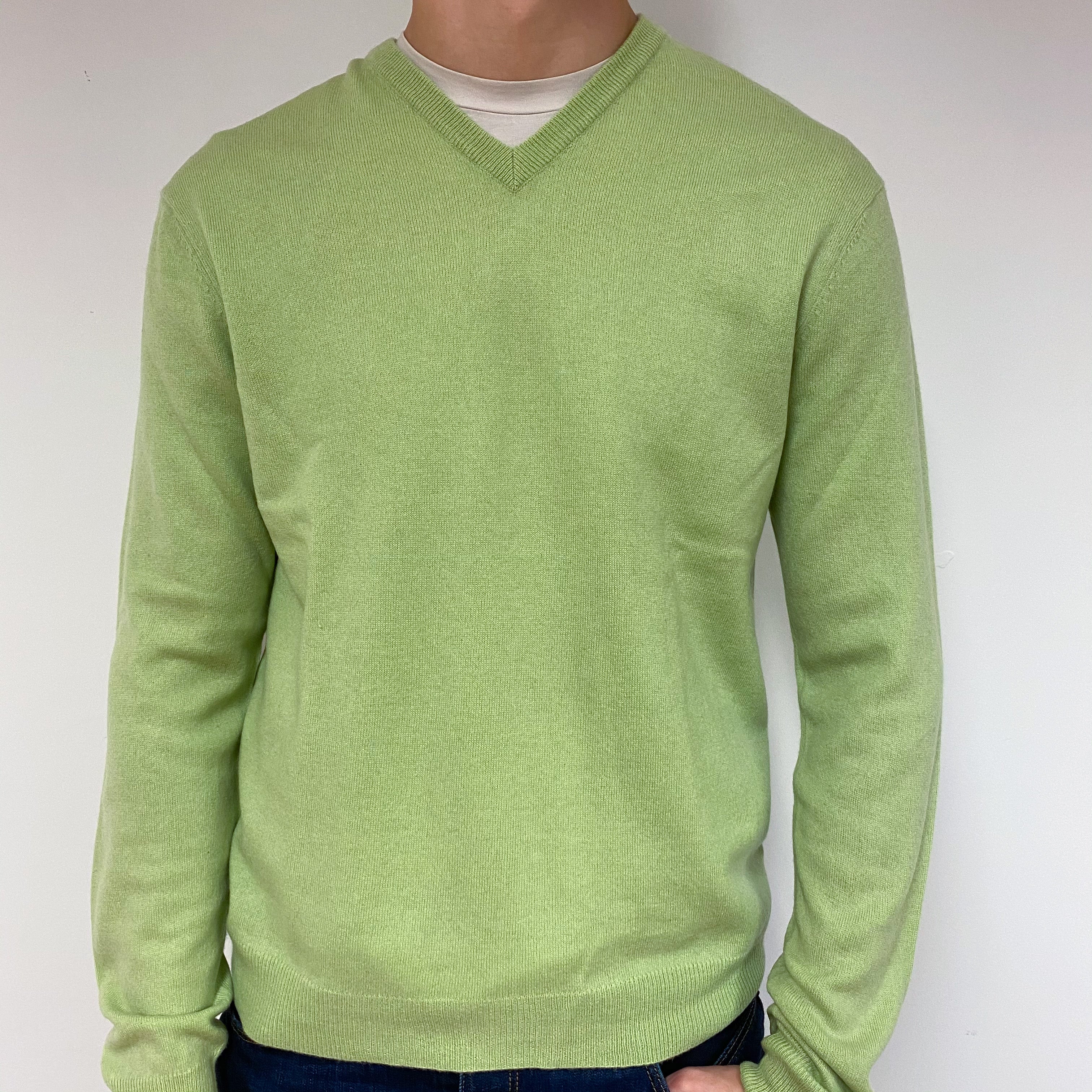Men's Lime Green V Neck Jumper Large