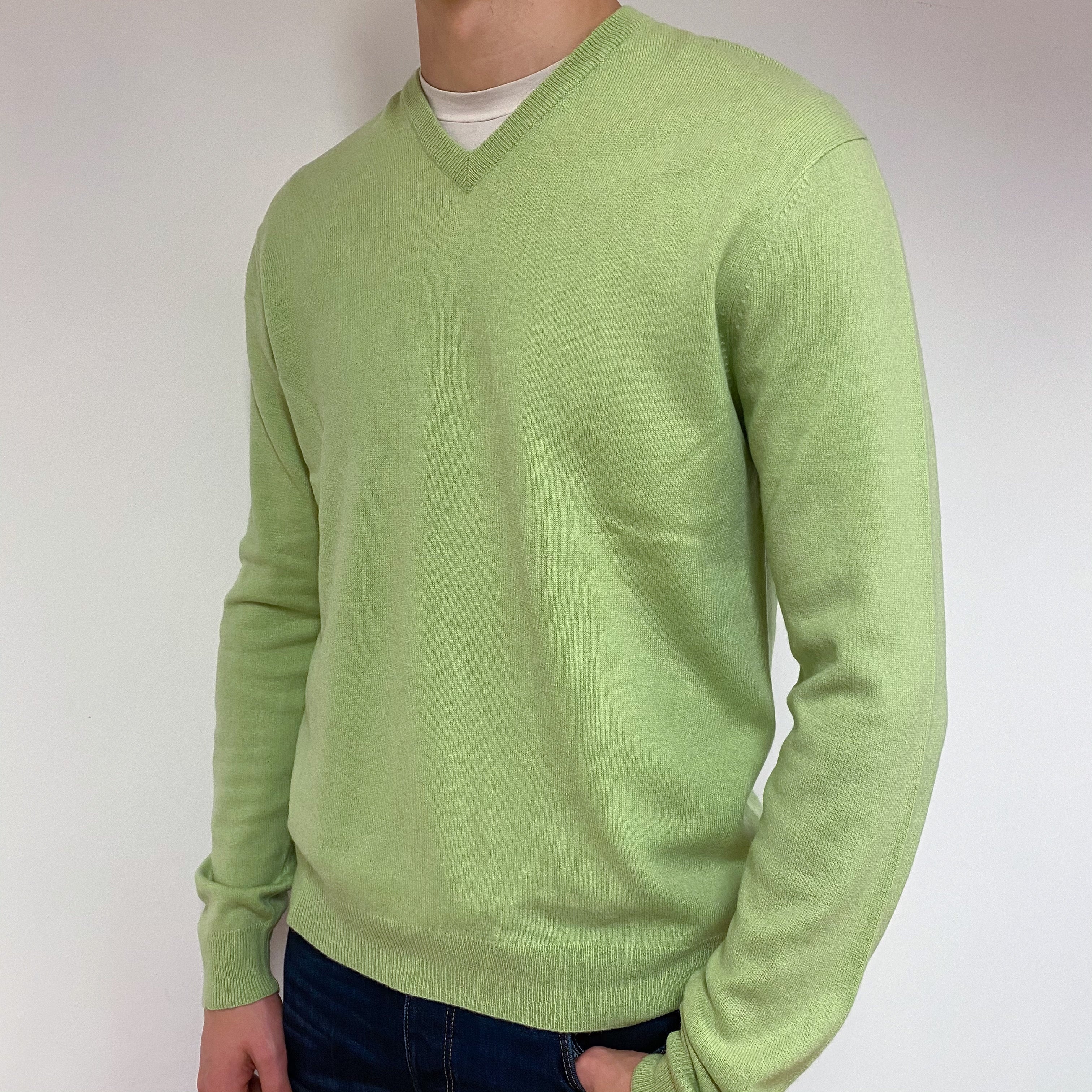 Men's Lime Green V Neck Jumper Large