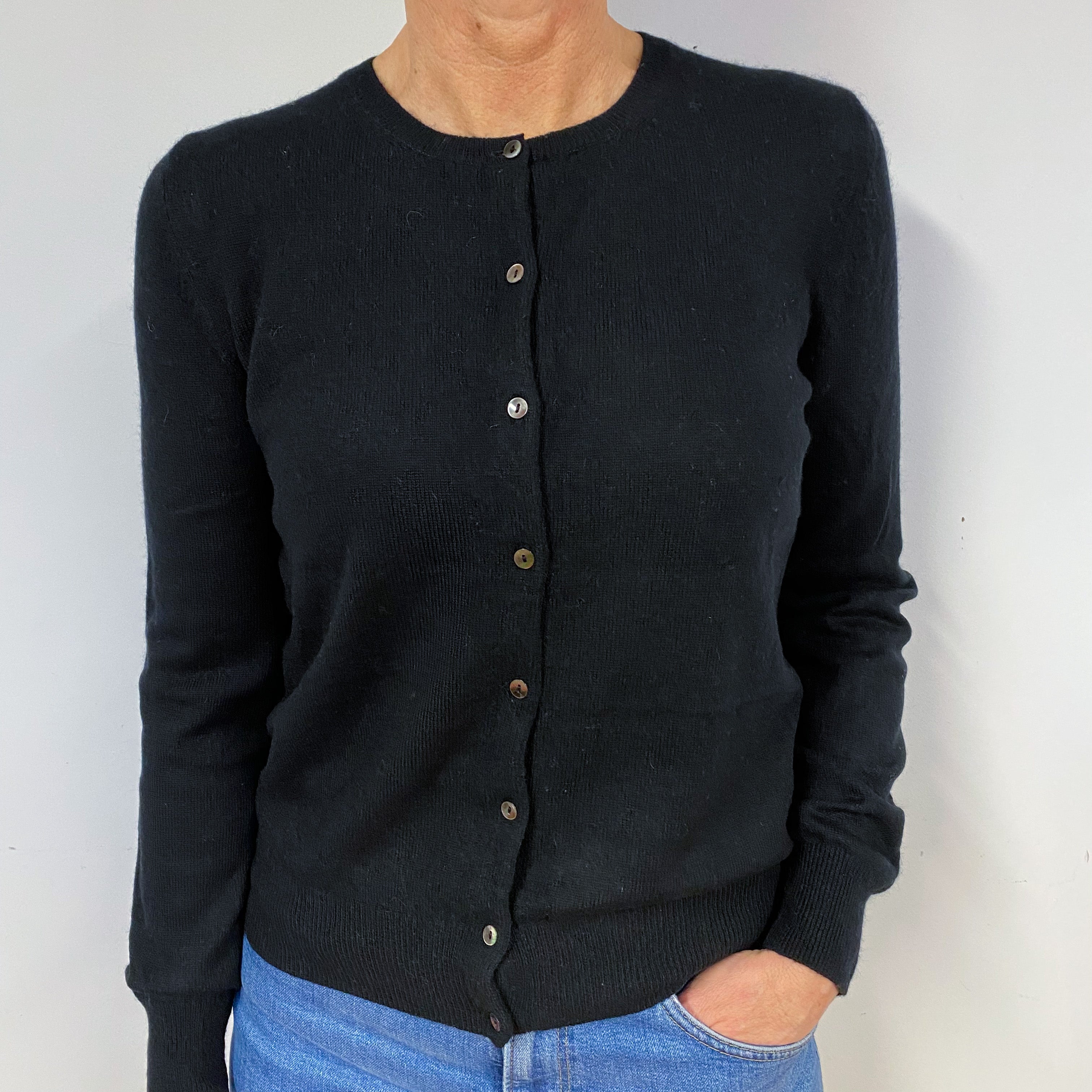 Black Cashmere Crew Neck Cardigan Medium