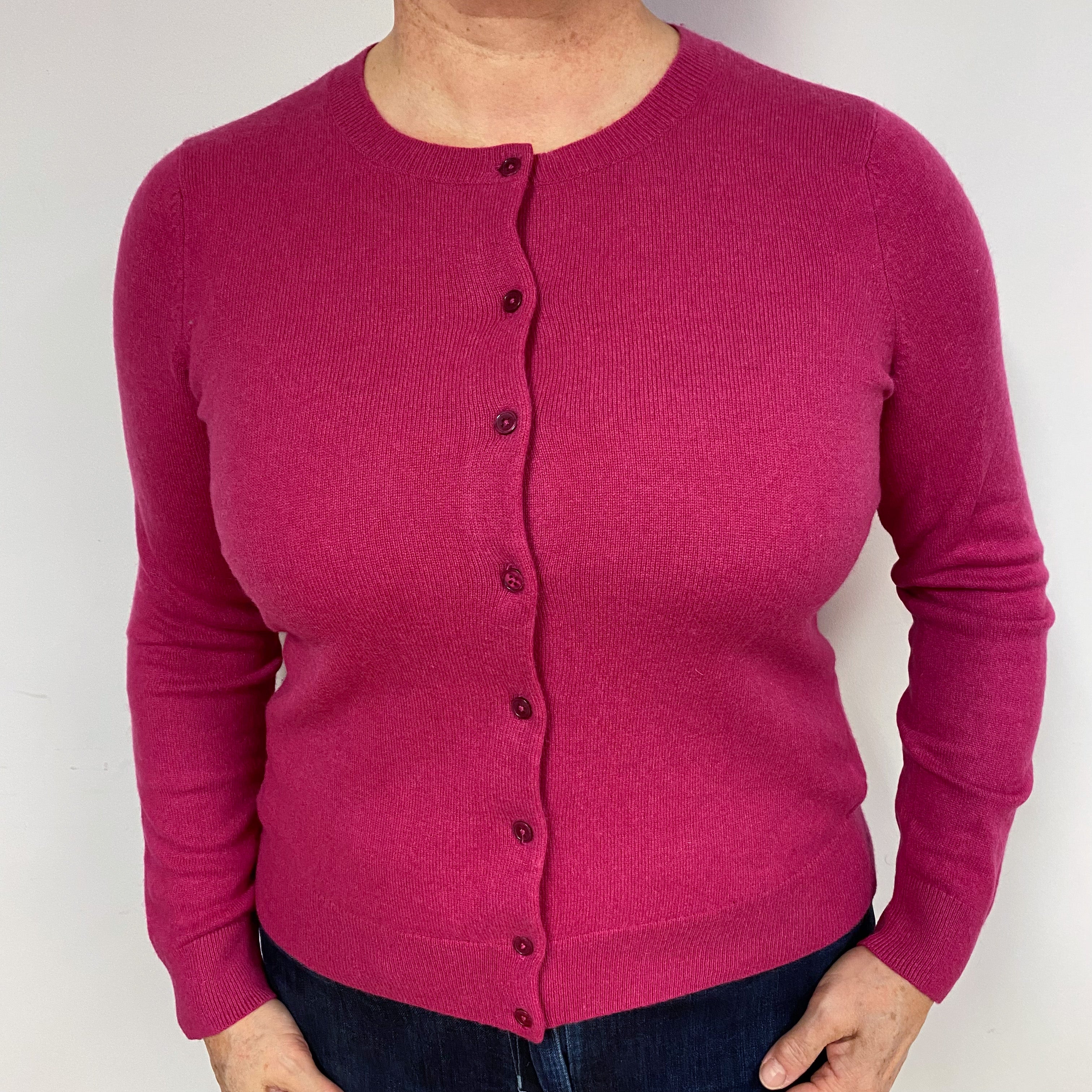 Magenta Pink Cashmere Crew Neck Cardigan Large