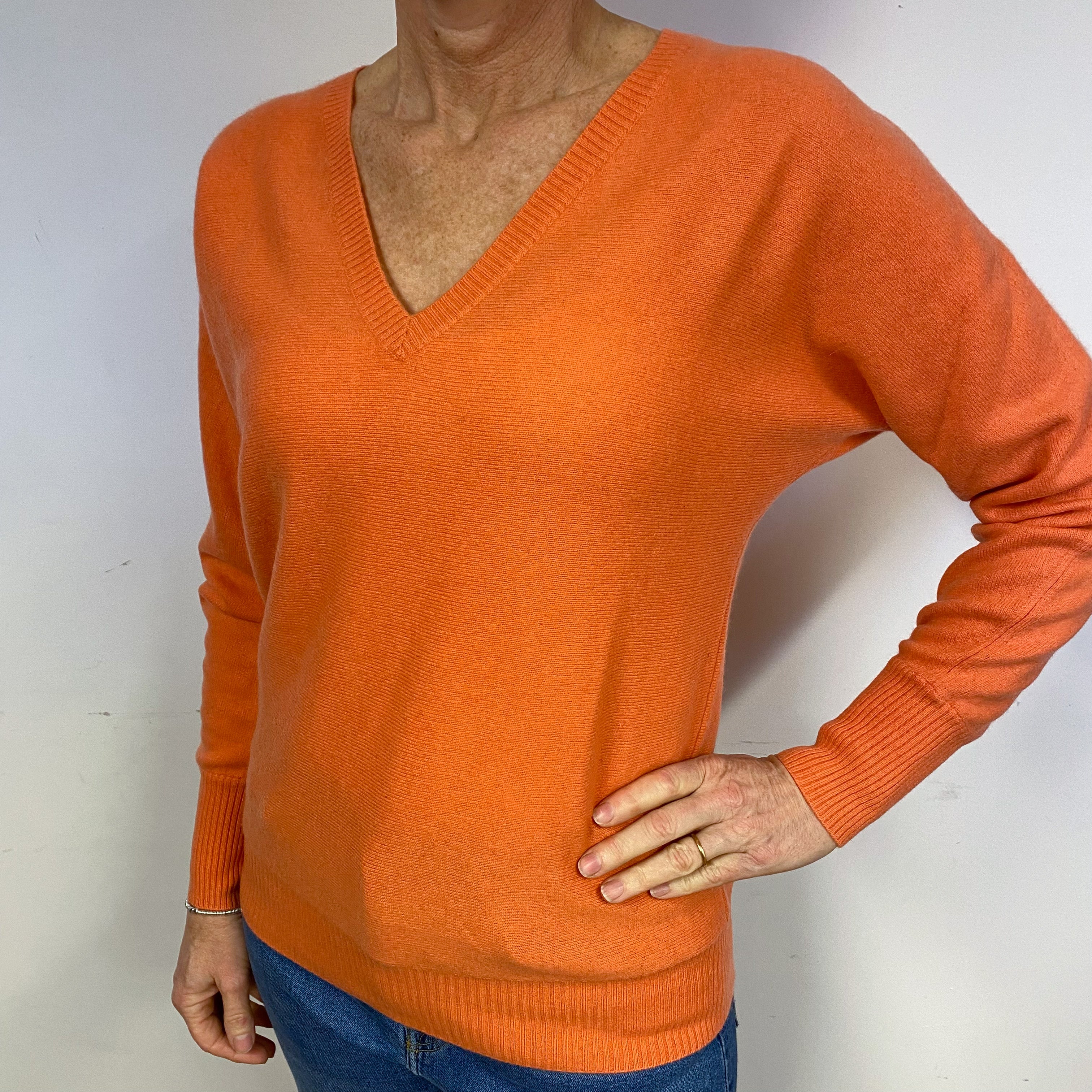 Warm Coral Cashmere Batwing V-Neck Jumper Medium