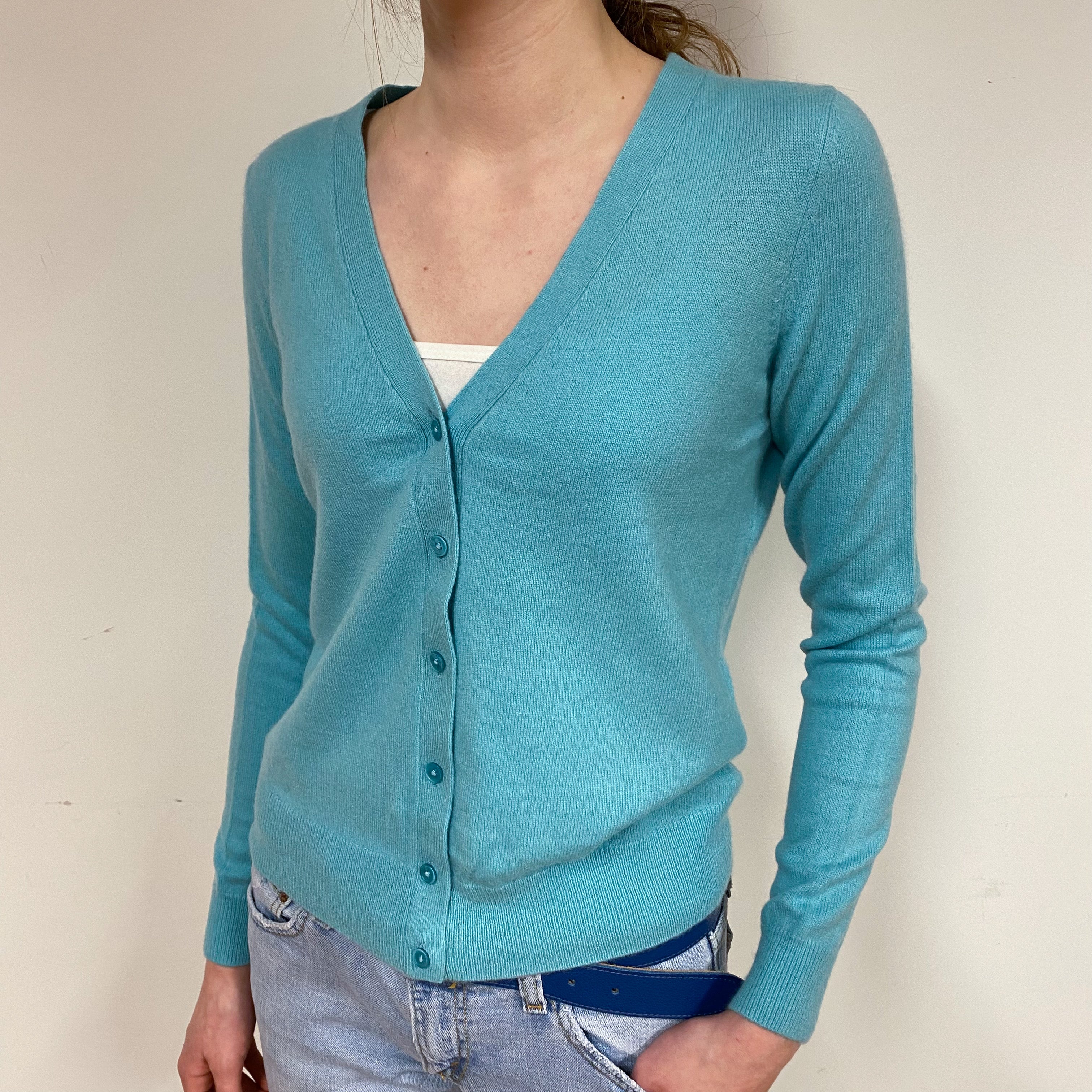 Pale Aqua Blue Cashmere V-Neck Cardigan Extra Small