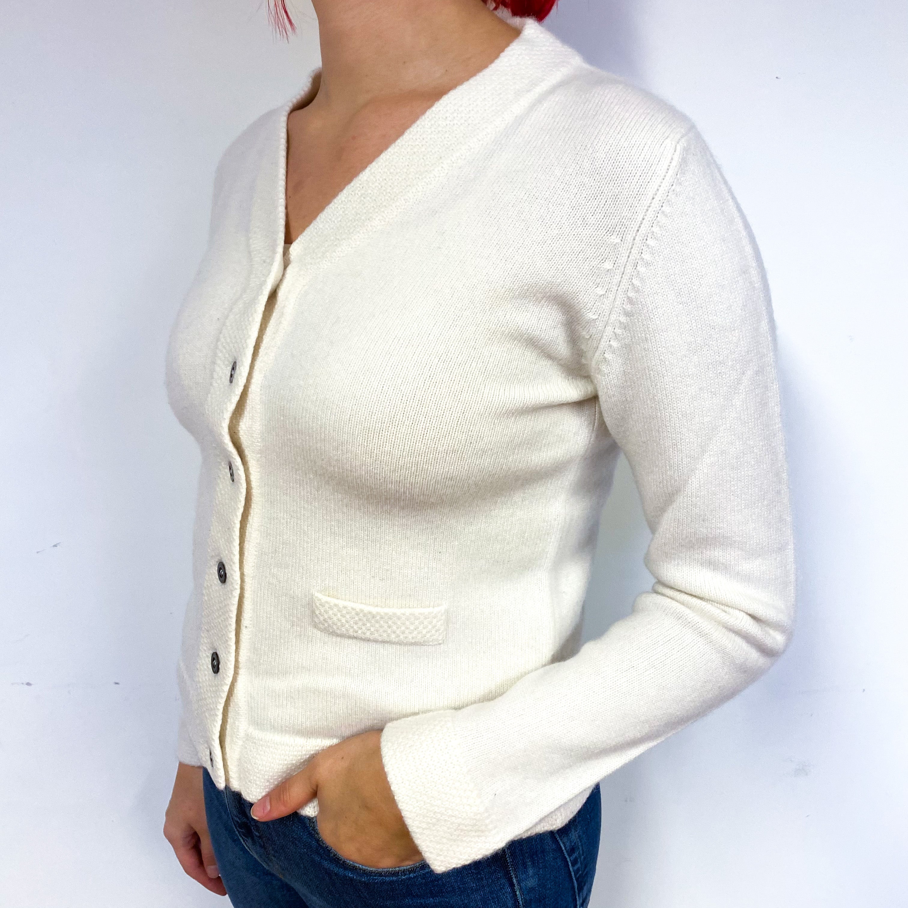 Cream Heavy Knit Cashmere V-Neck Cardigan Small