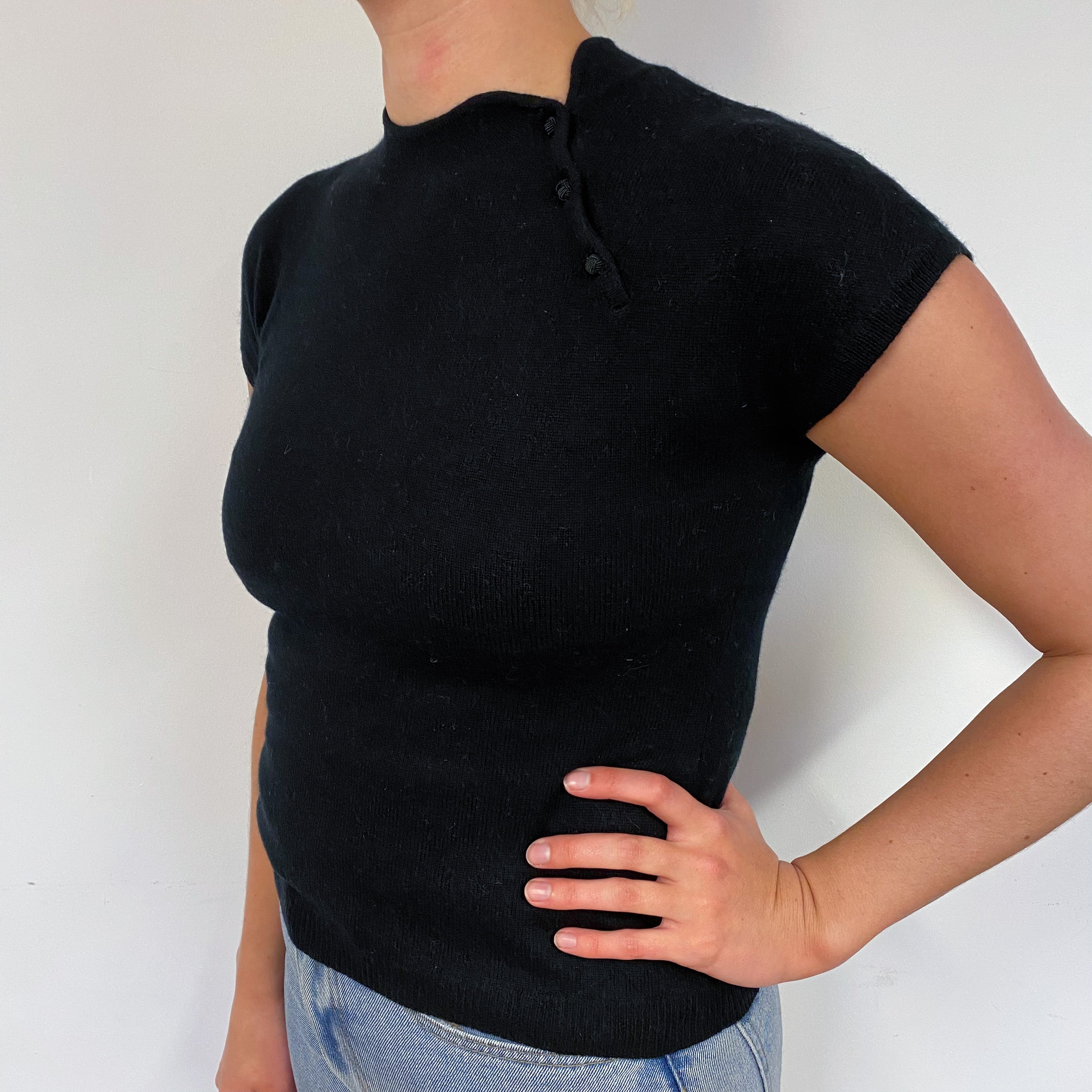Black Buttoned Cashmere Short Sleeved Jumper Small