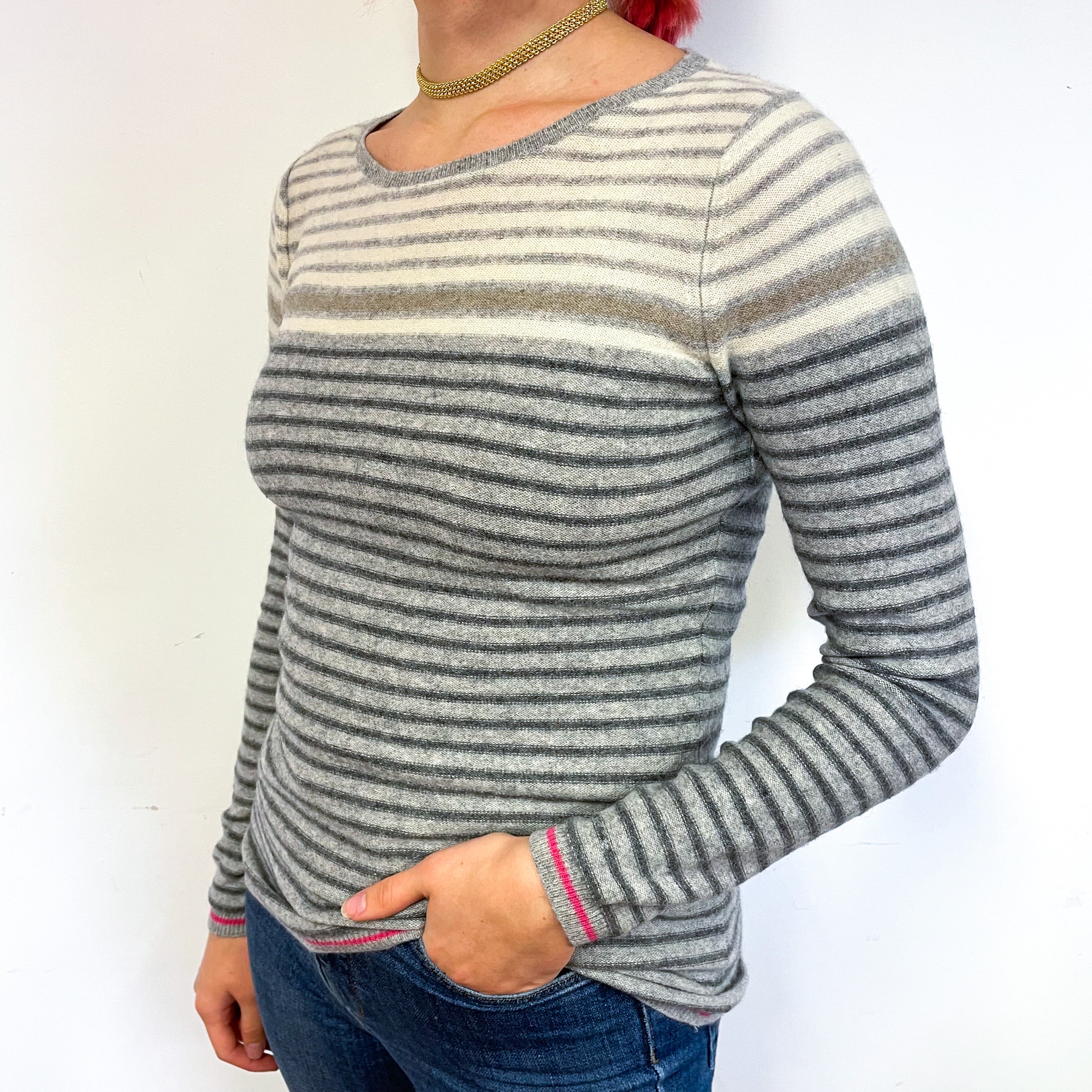 Paul Costelloe Grey Stripe Cashmere Crew Neck Jumper Small