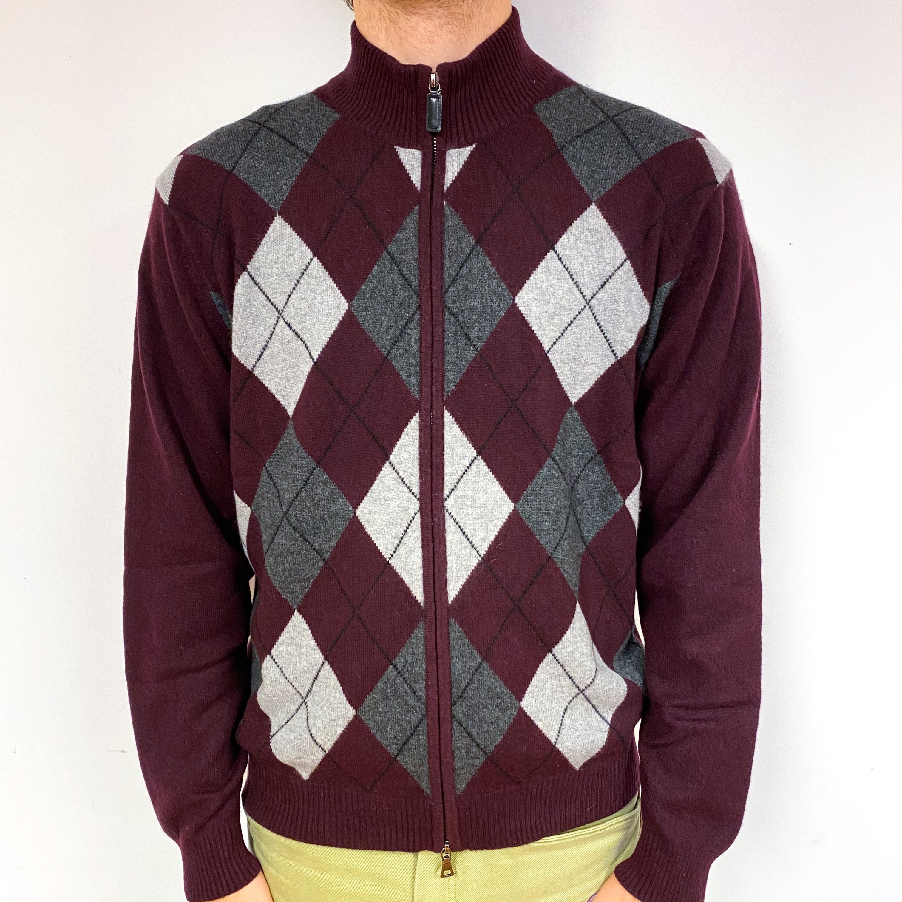 Men's Mulberry Purple Argyle Cashmere Zip Front Cardigan Large