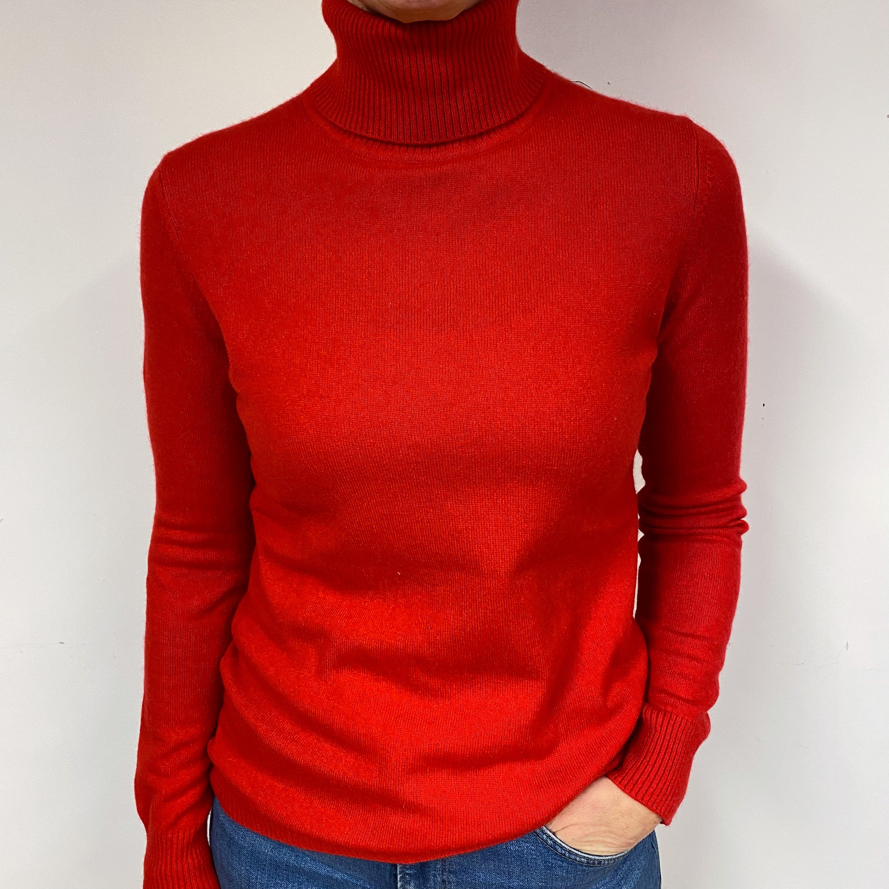 Vermillion Red Cashmere Polo Neck Jumper Medium