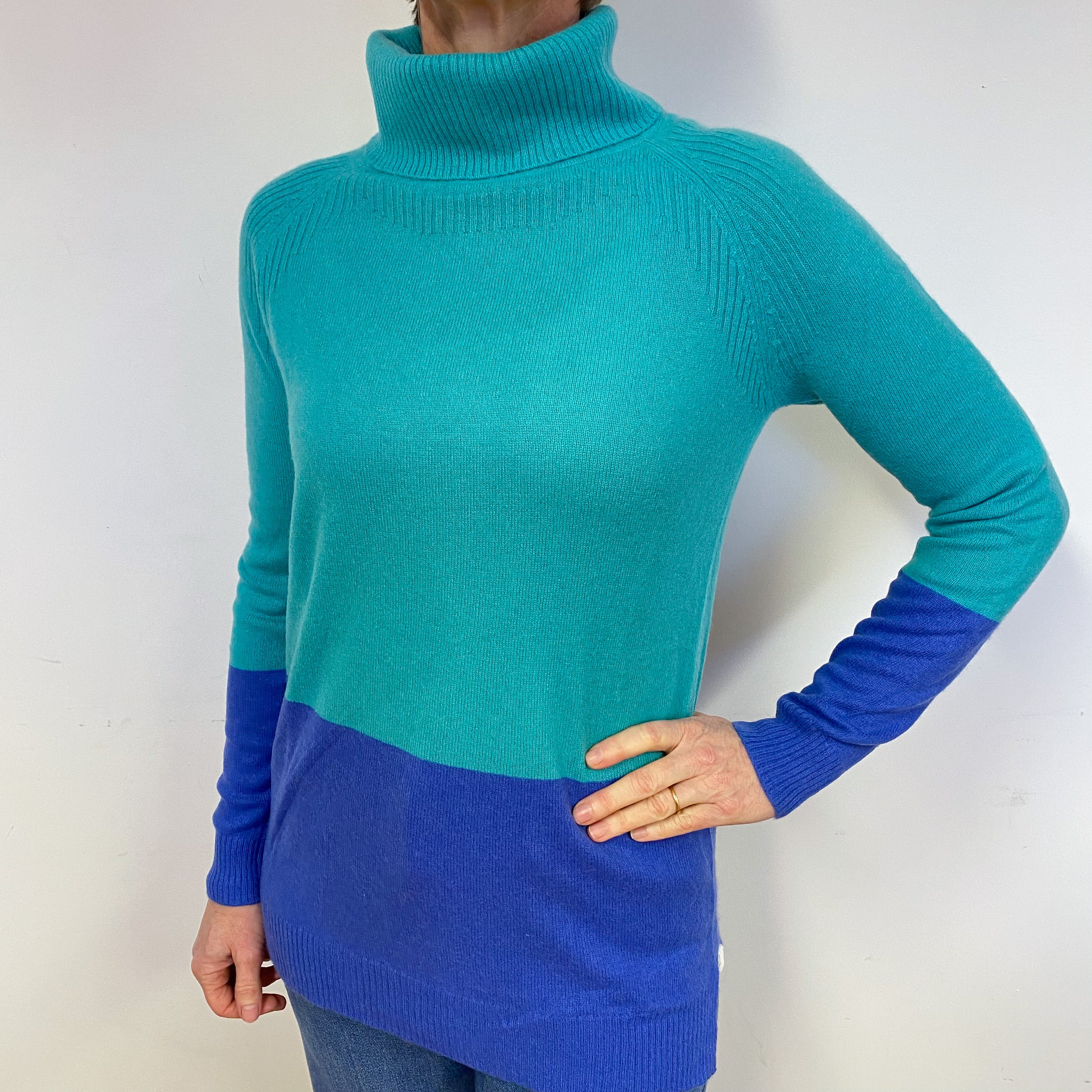 Green Blue Colour Block Cashmere Polo Neck Jumper Medium