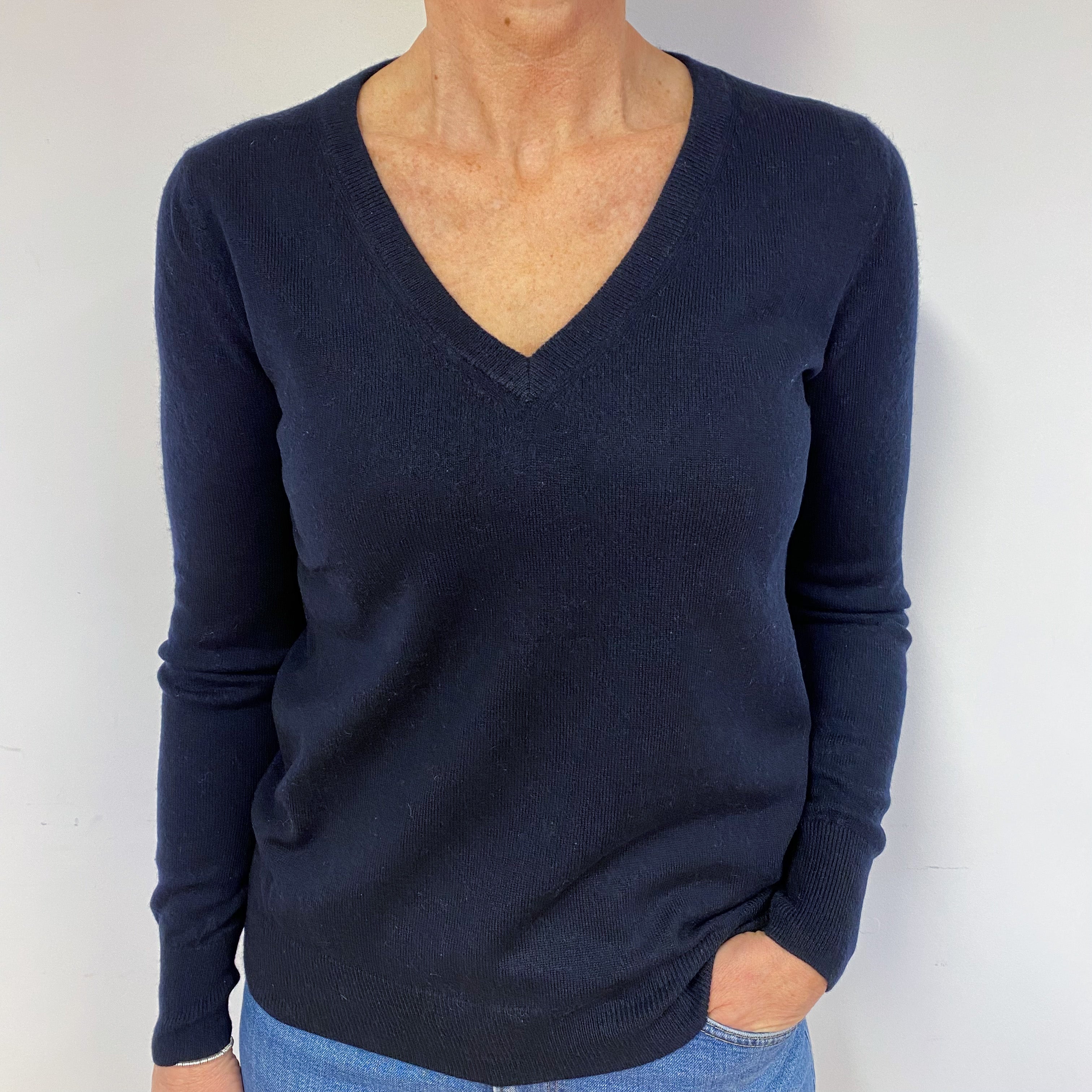 Dark Navy Blue Cashmere V-Neck Jumper Medium