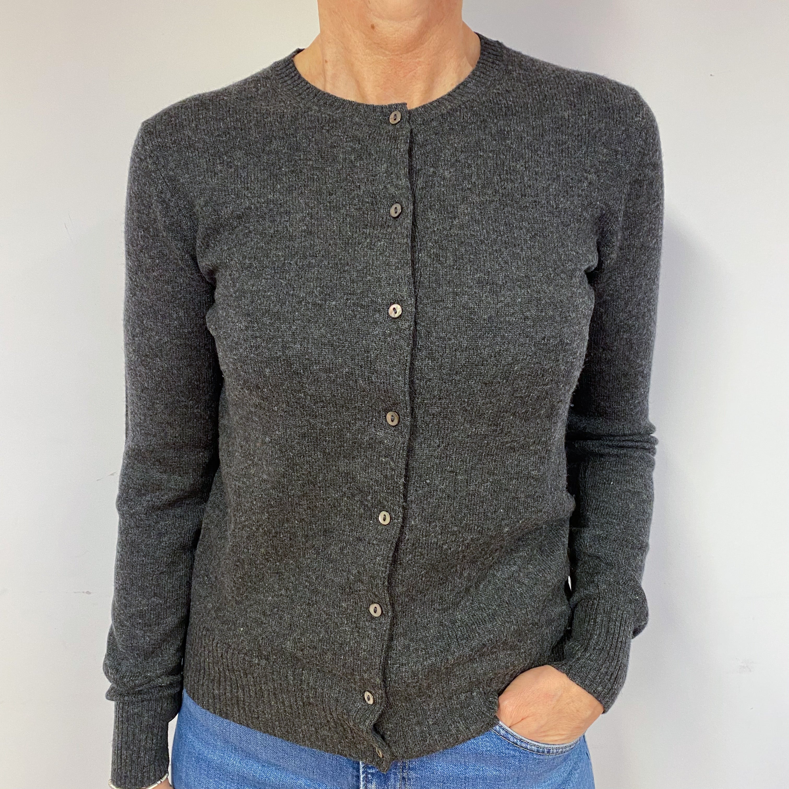 Slate Grey Cashmere Crew Neck Cardigan Medium