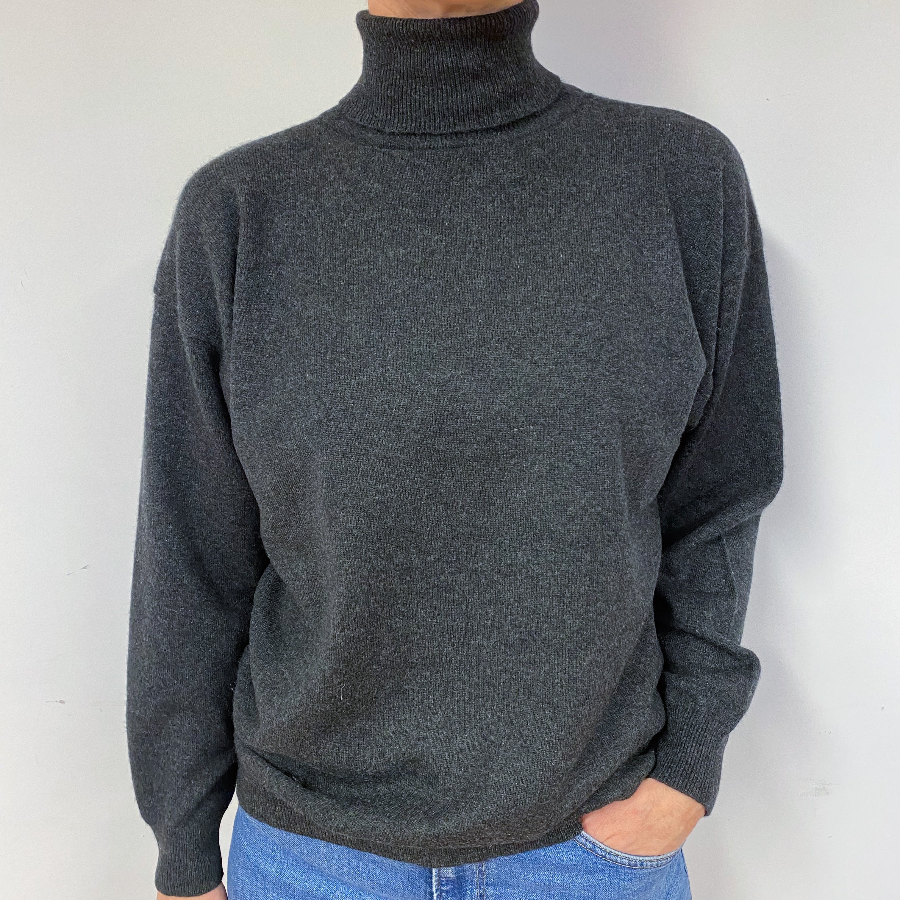 Slouchy Charcoal Grey Cashmere Polo Neck Jumper Medium