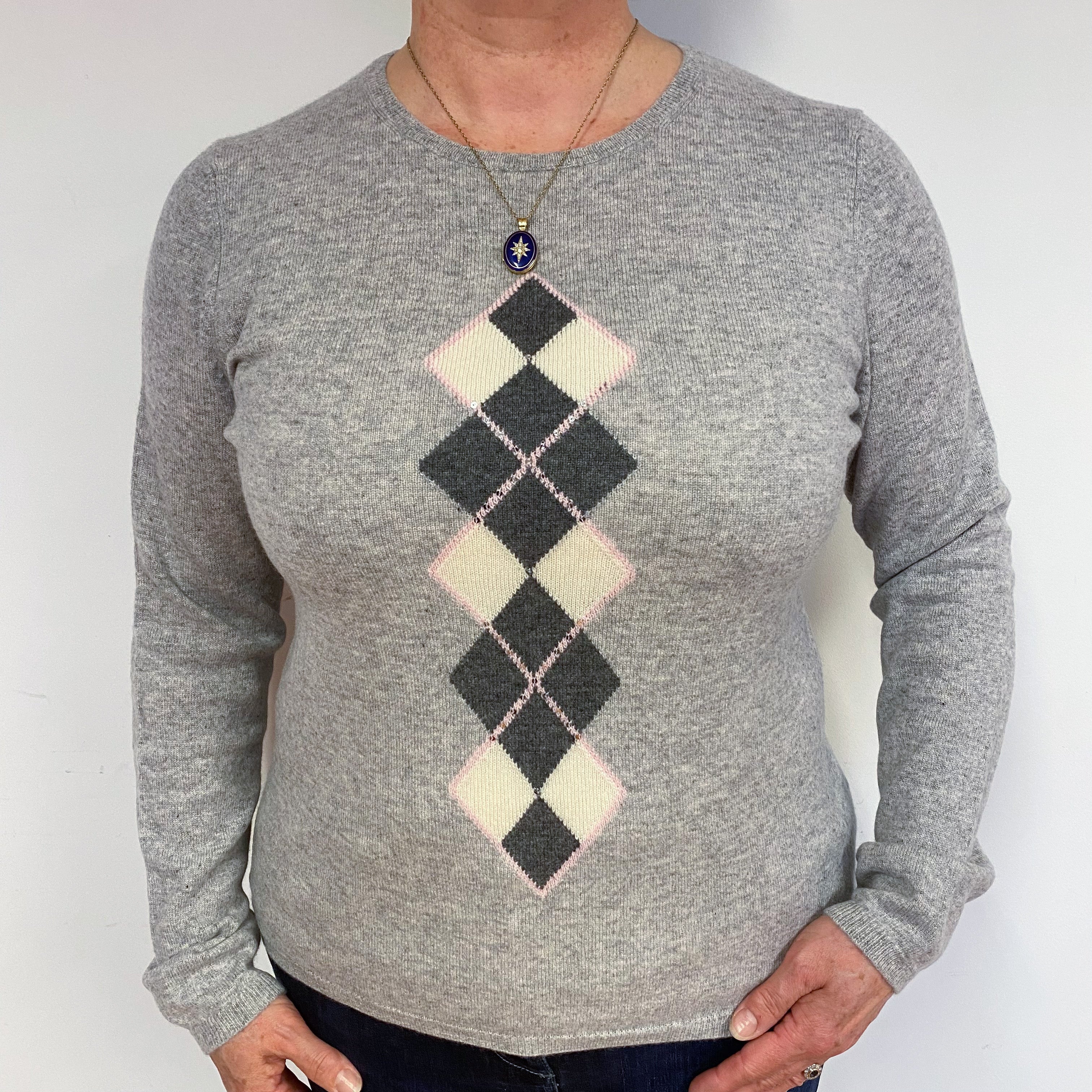 Smoke Grey Diamond Cashmere Crew Neck Jumper Large