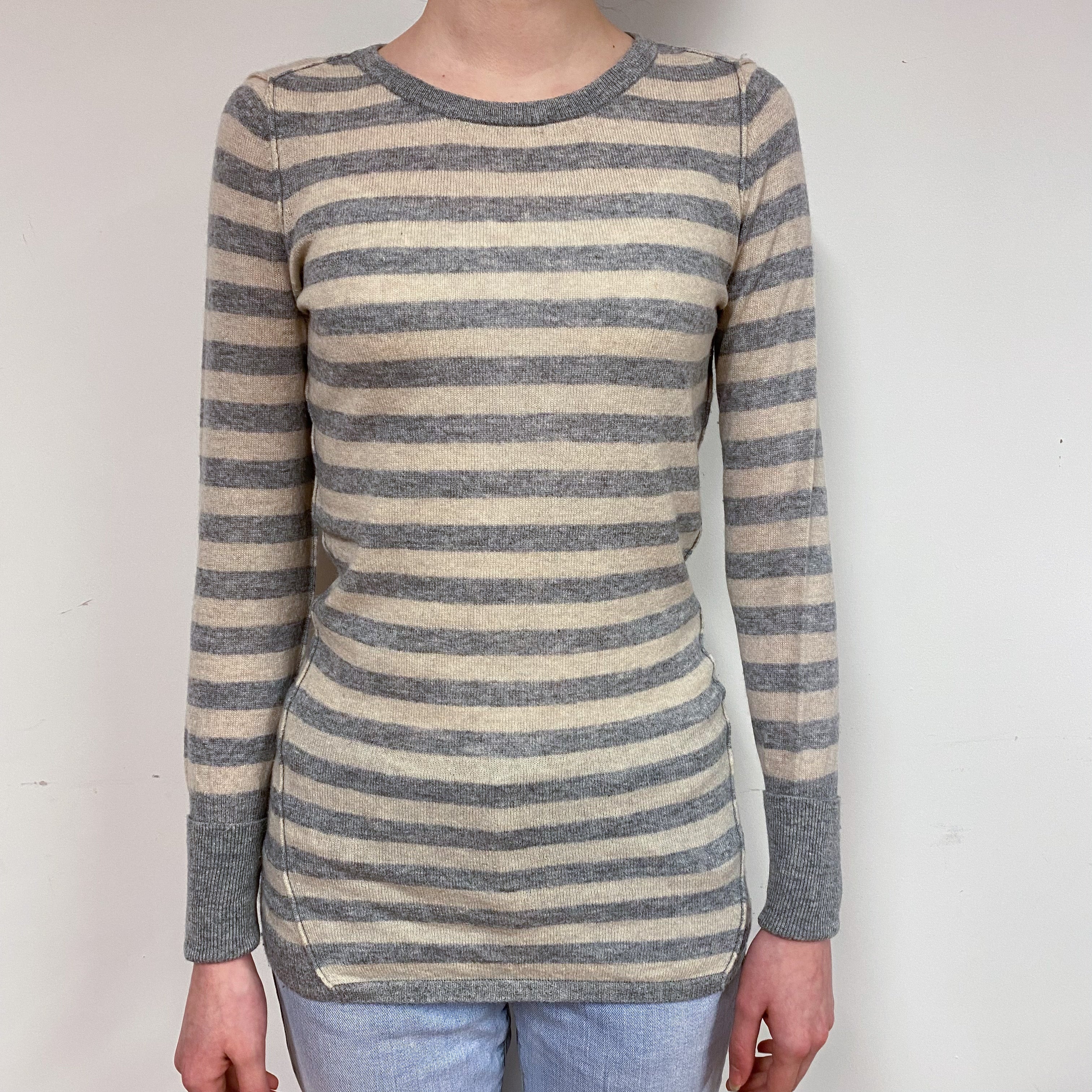 Grey Oatmeal Stripe Cashmere Crew Neck Jumper Extra Small