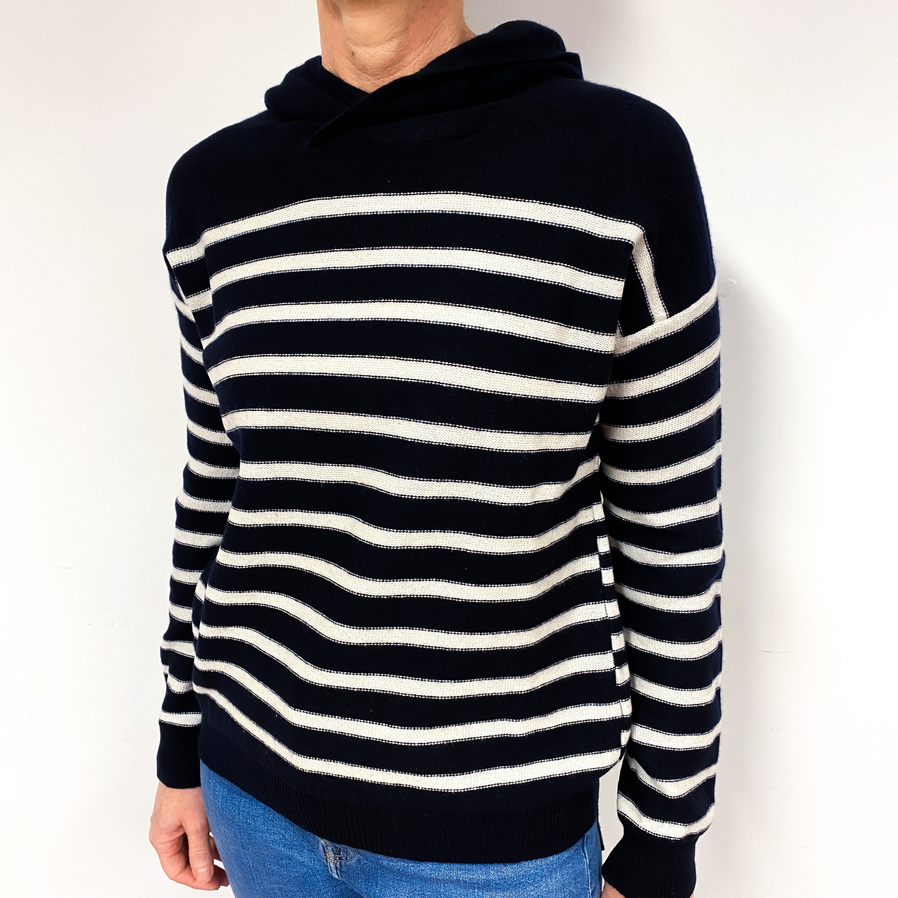 Vince Dark Navy Stripe Cashmere Hoodie Jumper Medium