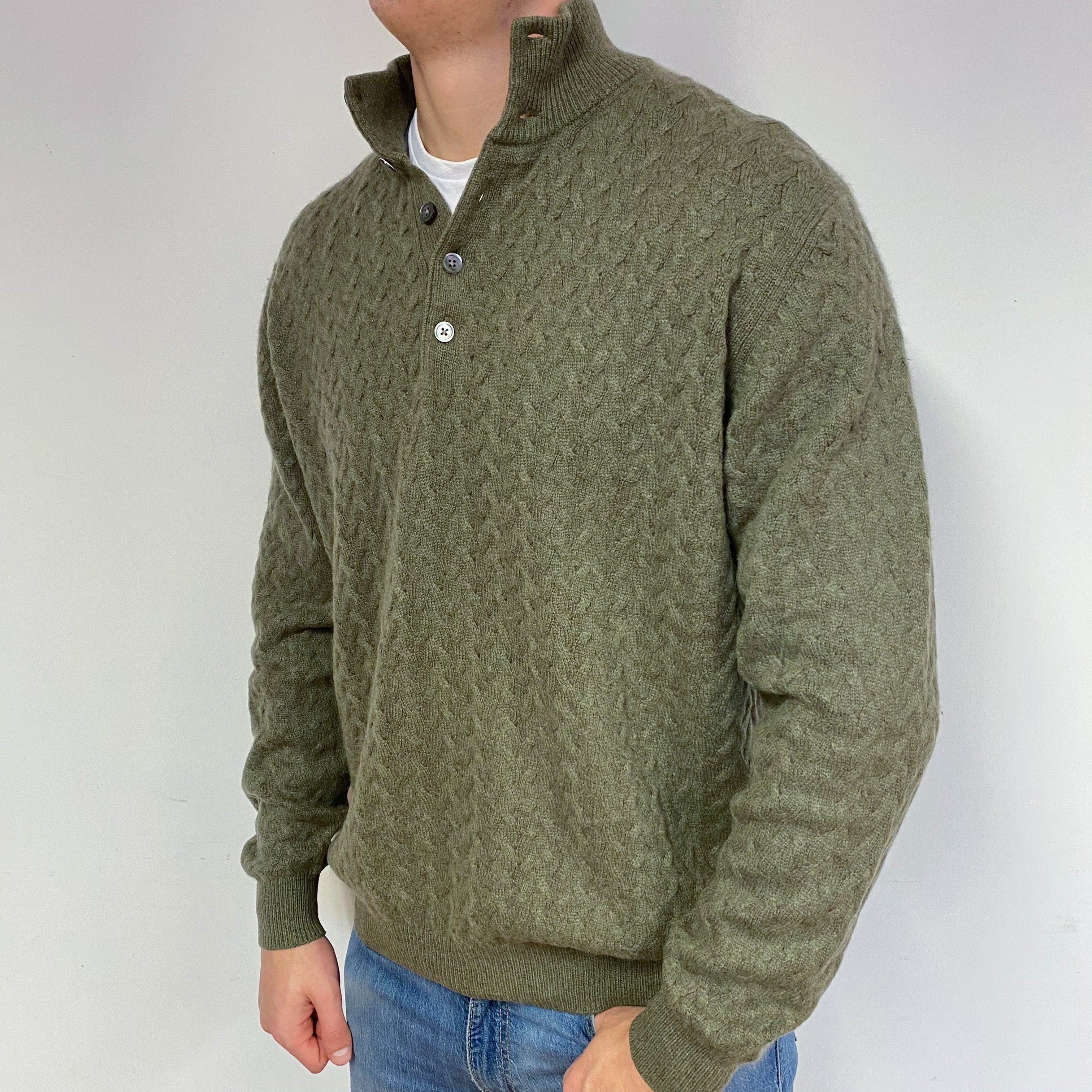 Men's Country Green Luxury Cable Knit Cashmere Button Neck Jumper XL