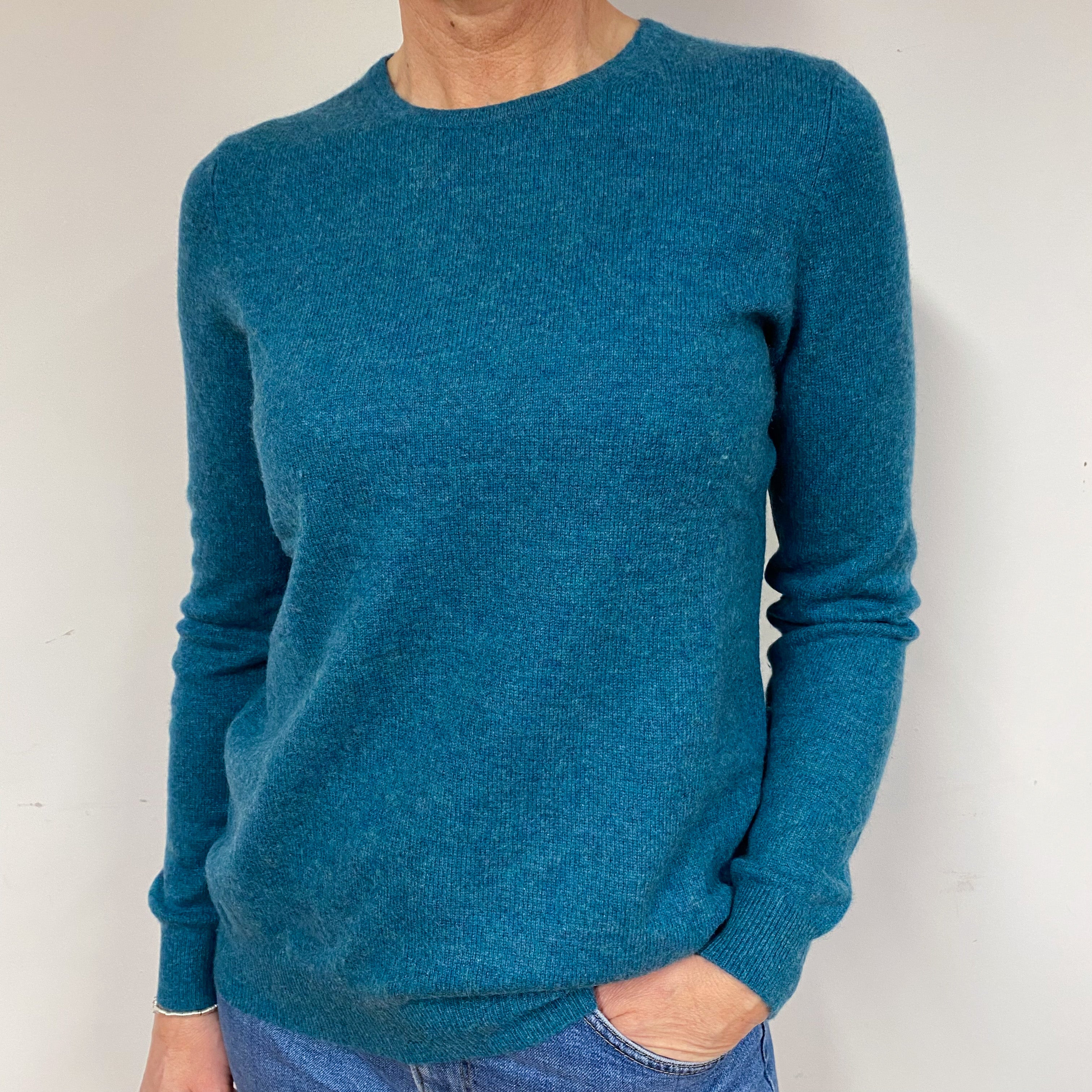 Teal Green Flecked Cashmere Crew Neck Jumper Medium
