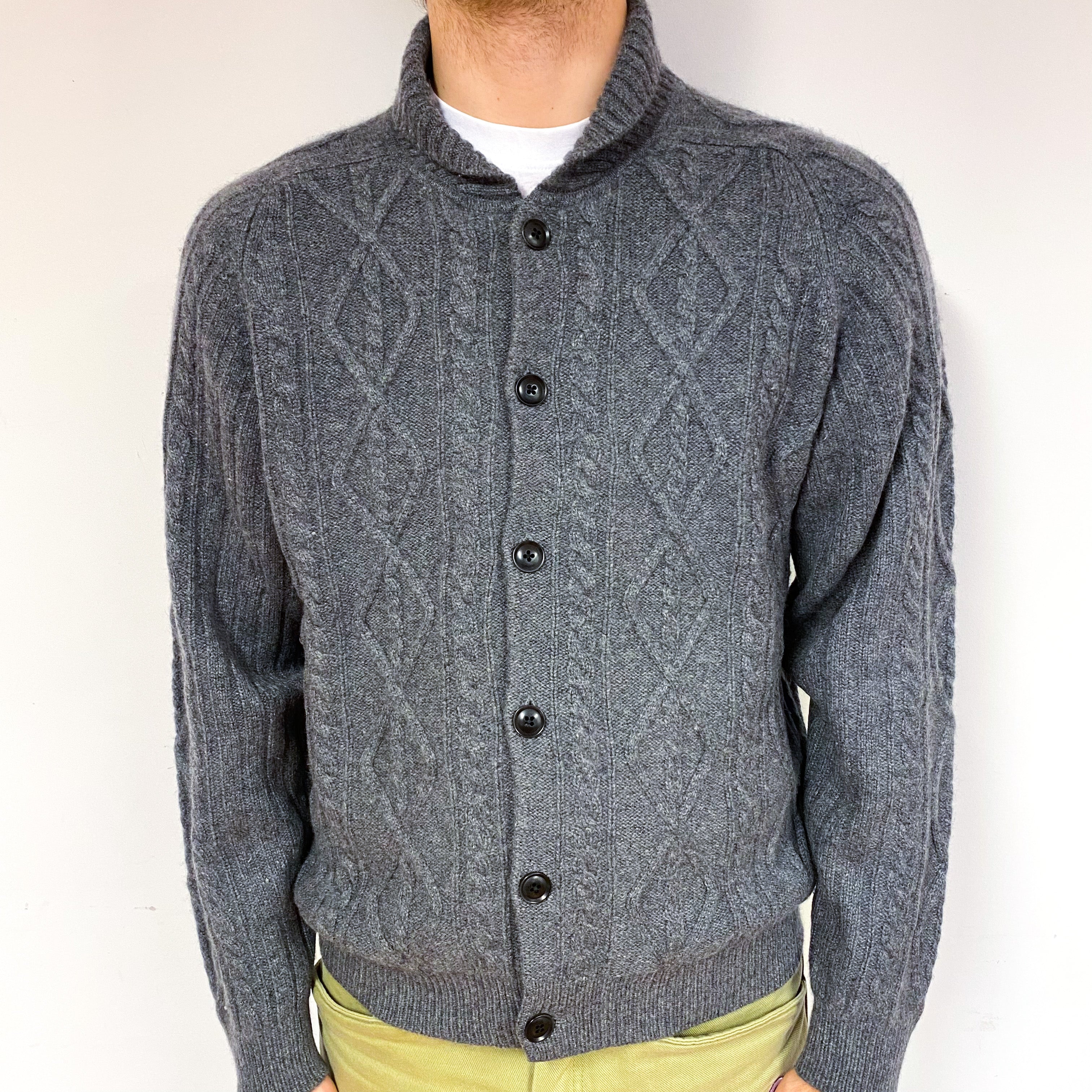Men's Slate Grey Cashmere Chunky Cable Cardigan Medium