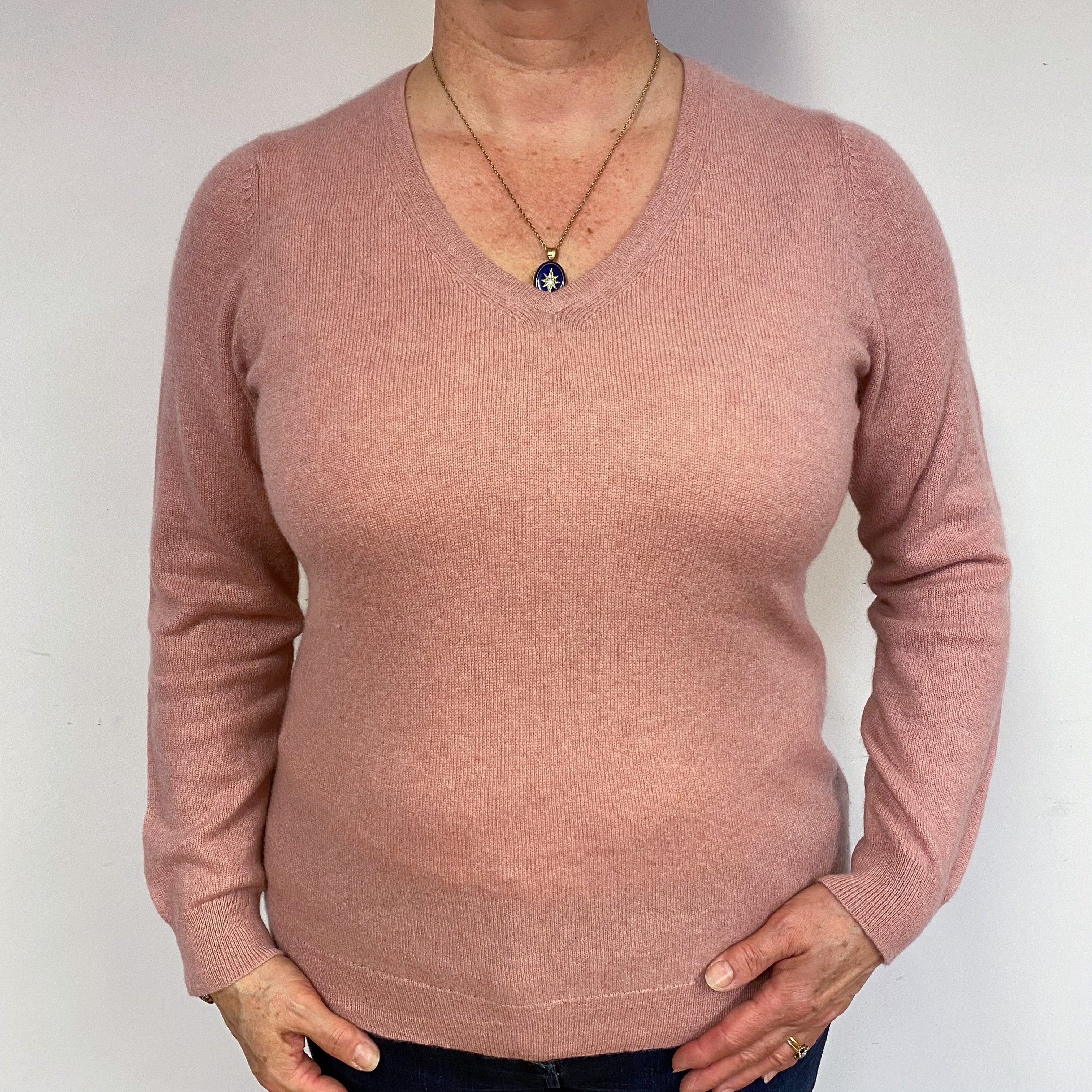 Blush Pink Cashmere V-Neck Jumper Large