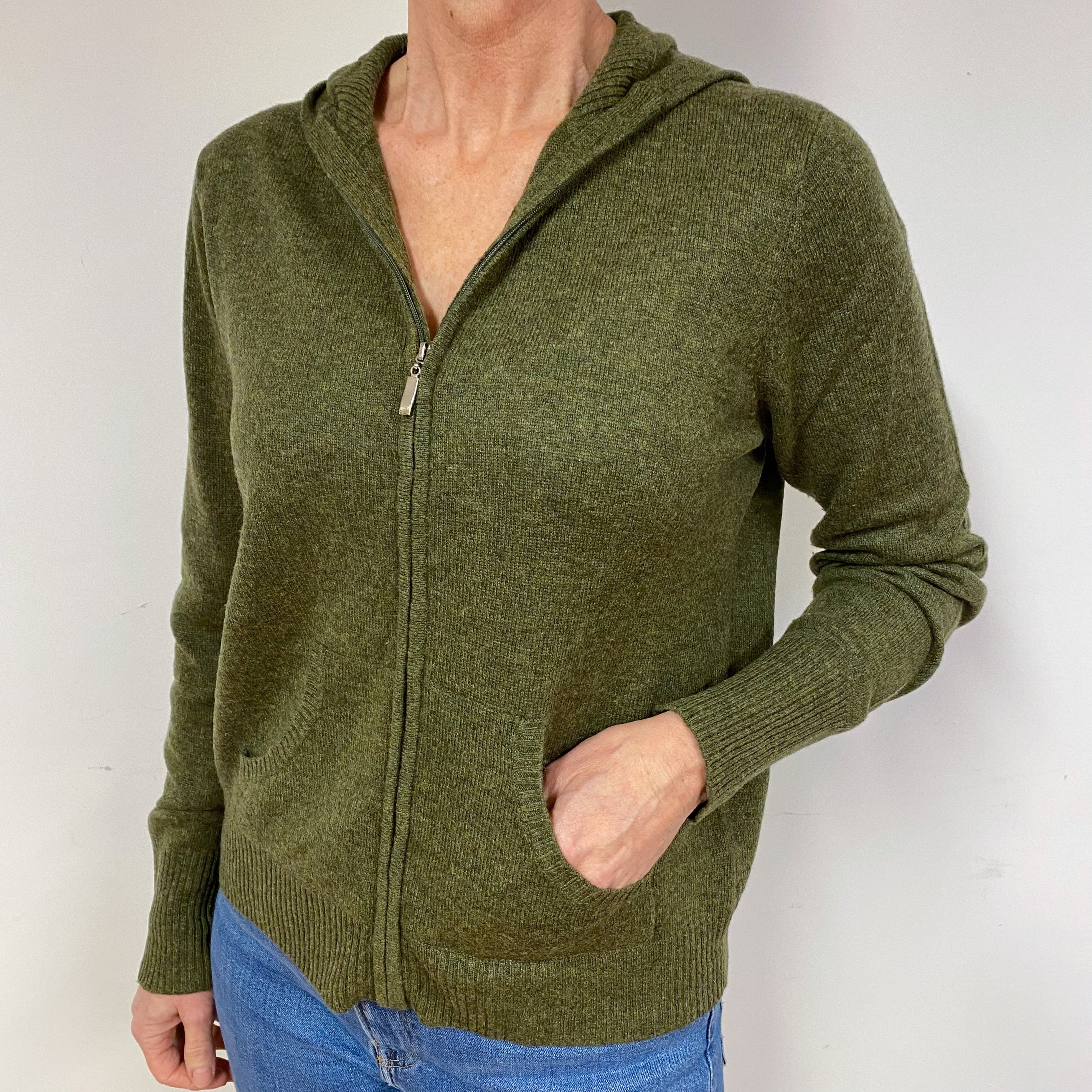 Moss Green Slouchy Cashmere Hoodie Jumper Medium