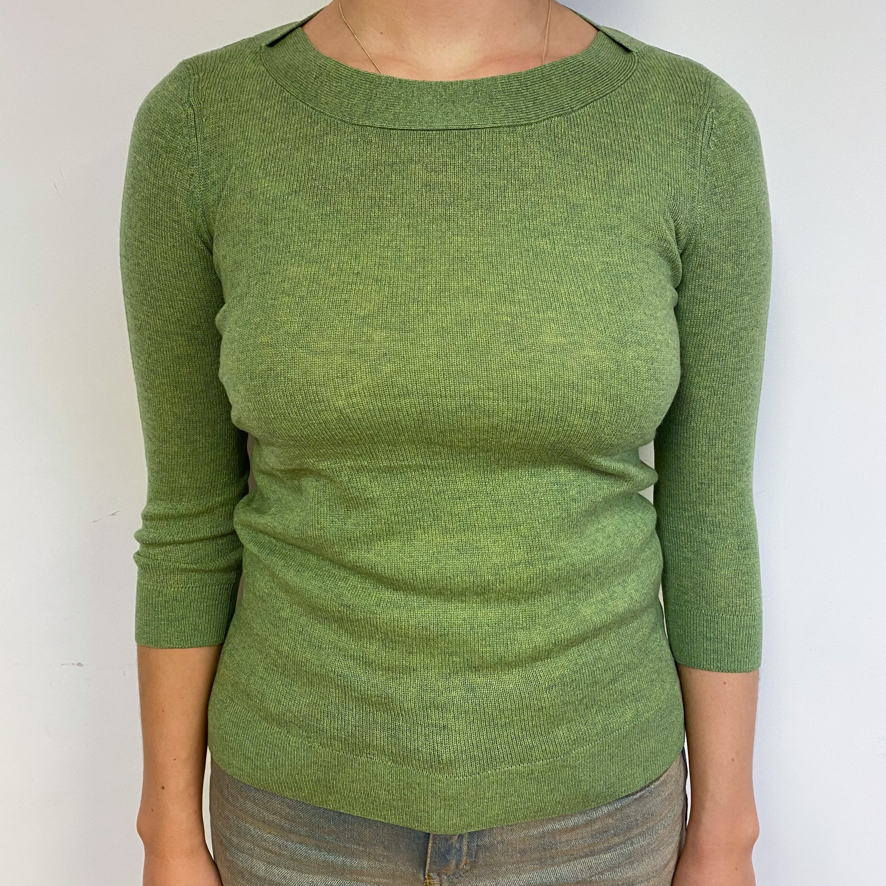 Pear Green 3/4 Sleeve Cashmere Crew Neck Jumper Small