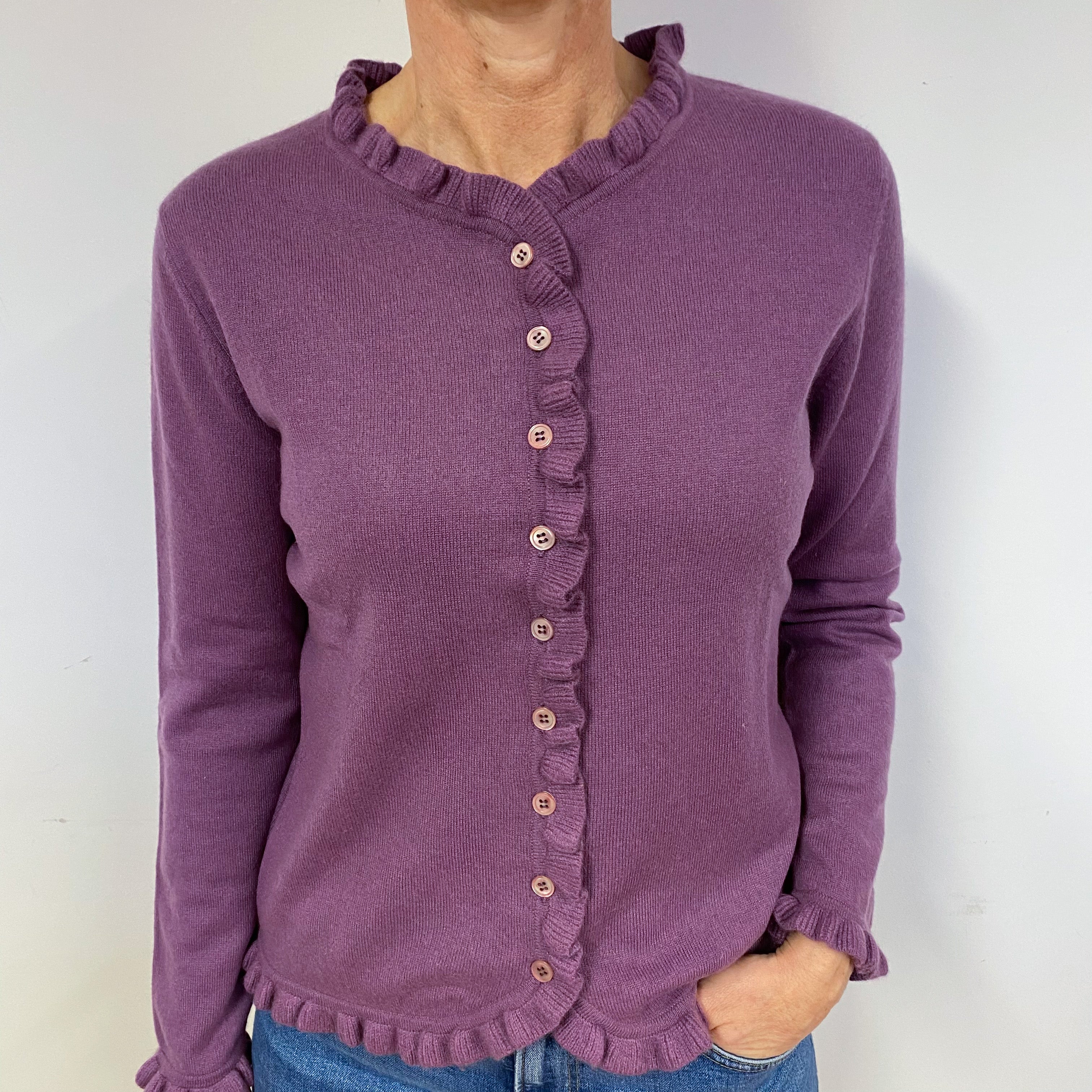 Plum Purple Cashmere Frill Trimmed Cardigan Medium