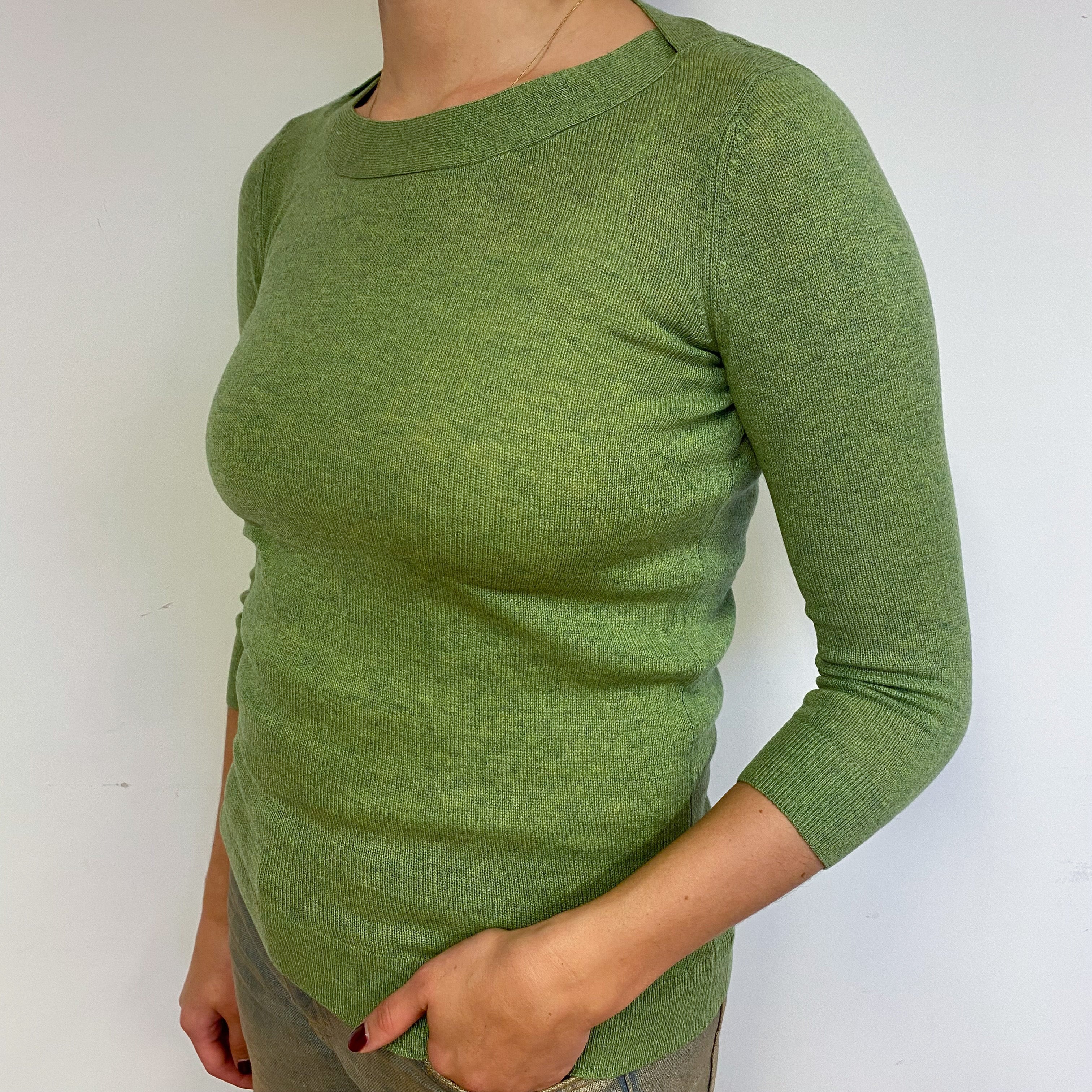 Pear Green 3/4 Sleeve Cashmere Crew Neck Jumper Small