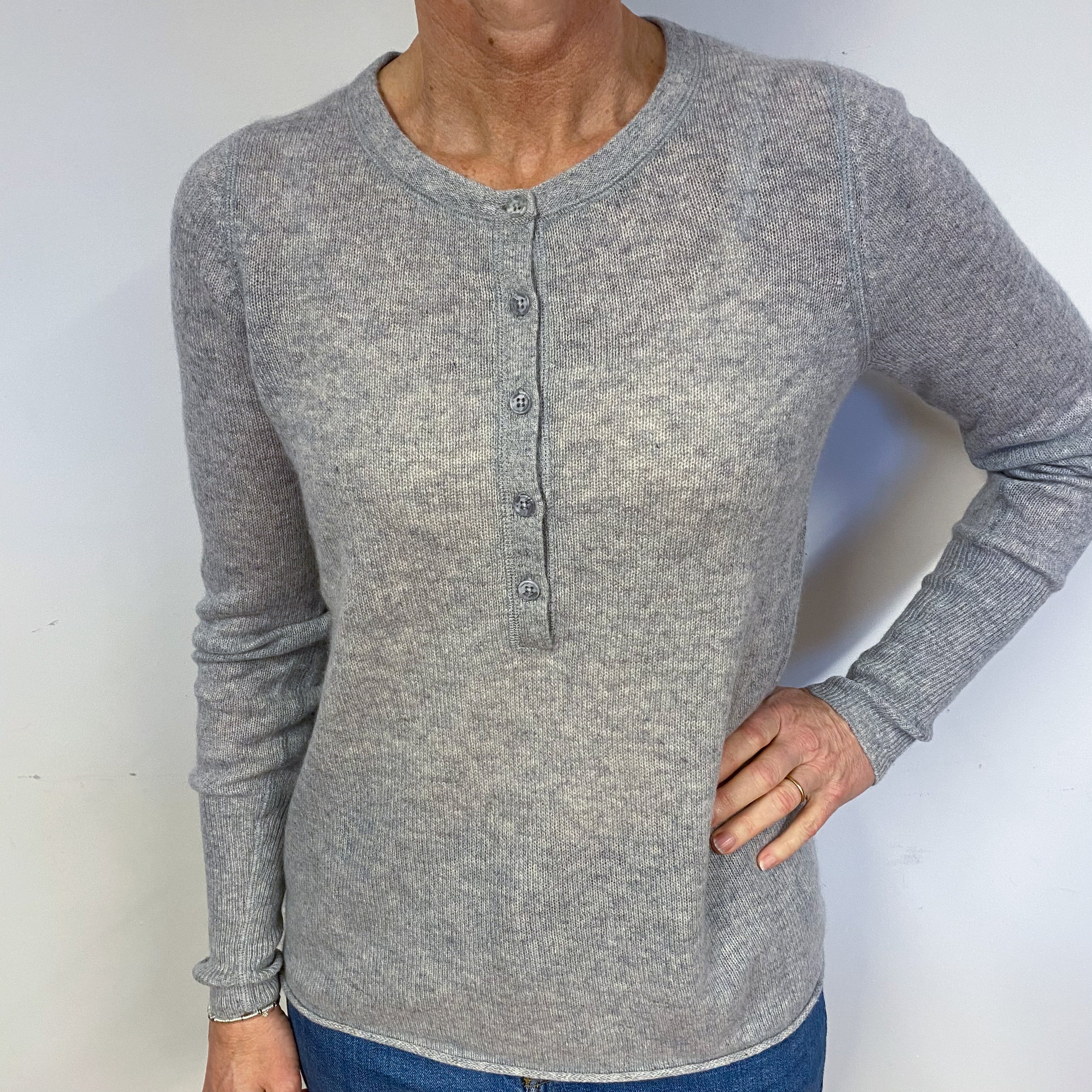 Pale Grey Lightweight Cashmere Button Crew Neck Jumper Medium