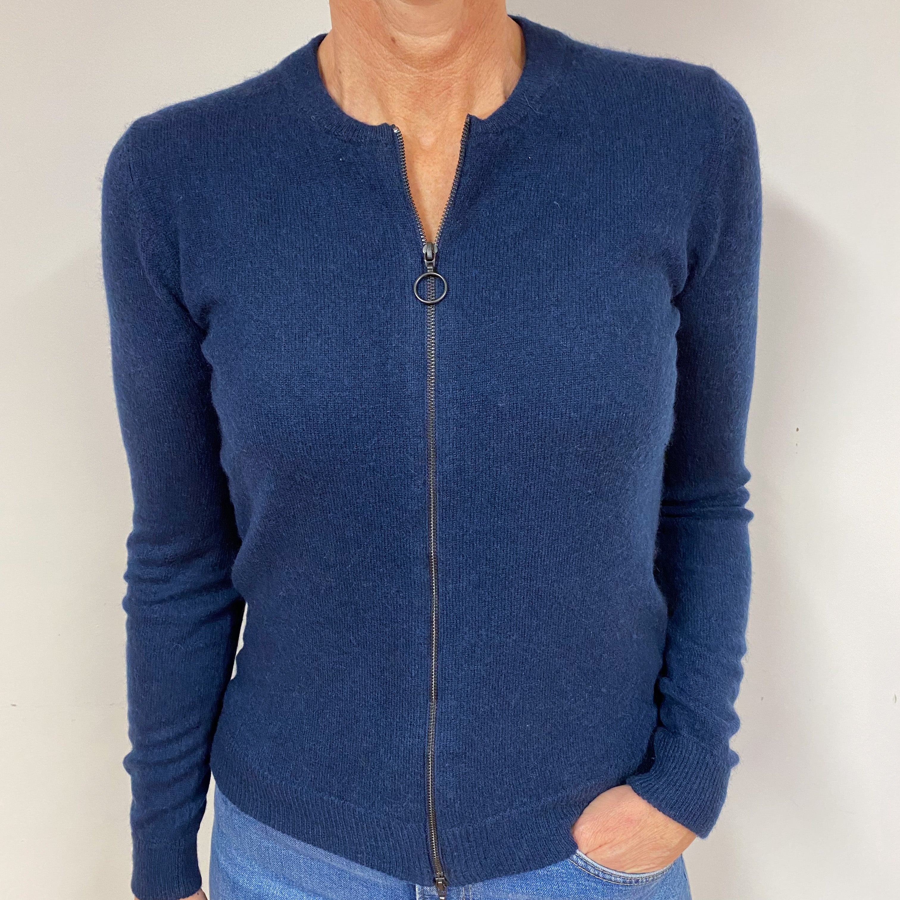 Navy Blue Zip Cashmere Crew Neck Cardigan Medium