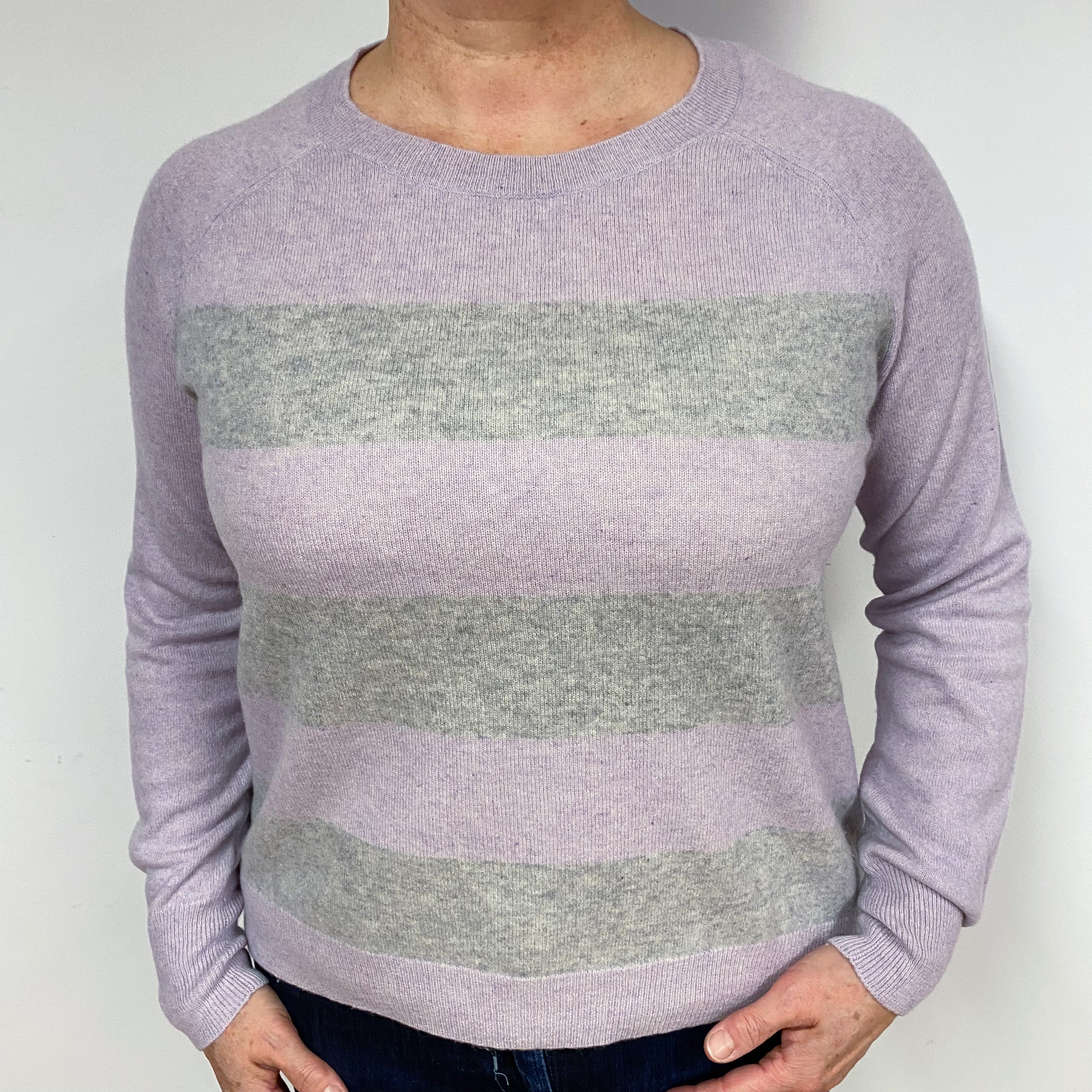 Lilac and Grey Stripe Cashmere Crew Neck Jumper Large