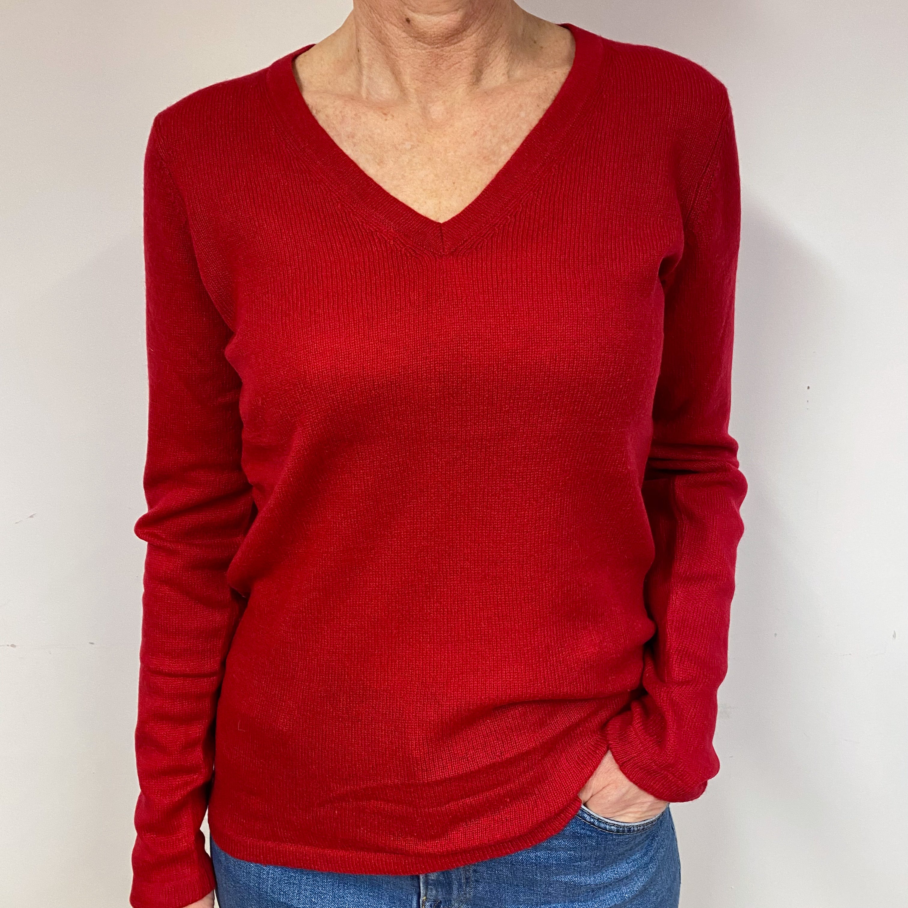 Post Box Red Cashmere V-Neck Jumper Medium