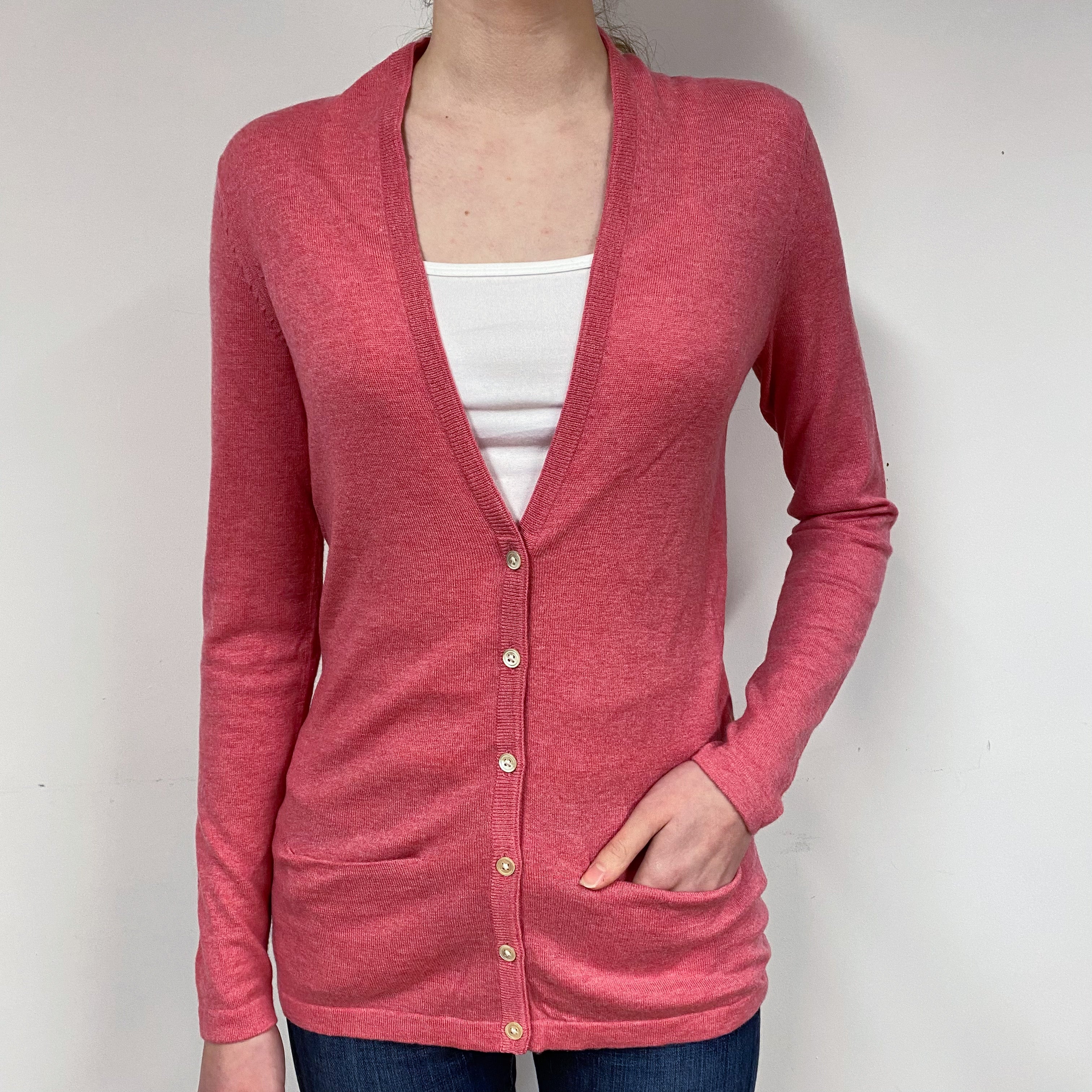 Deep Coral Pink Cashmere V-Neck Cardigan Extra Small